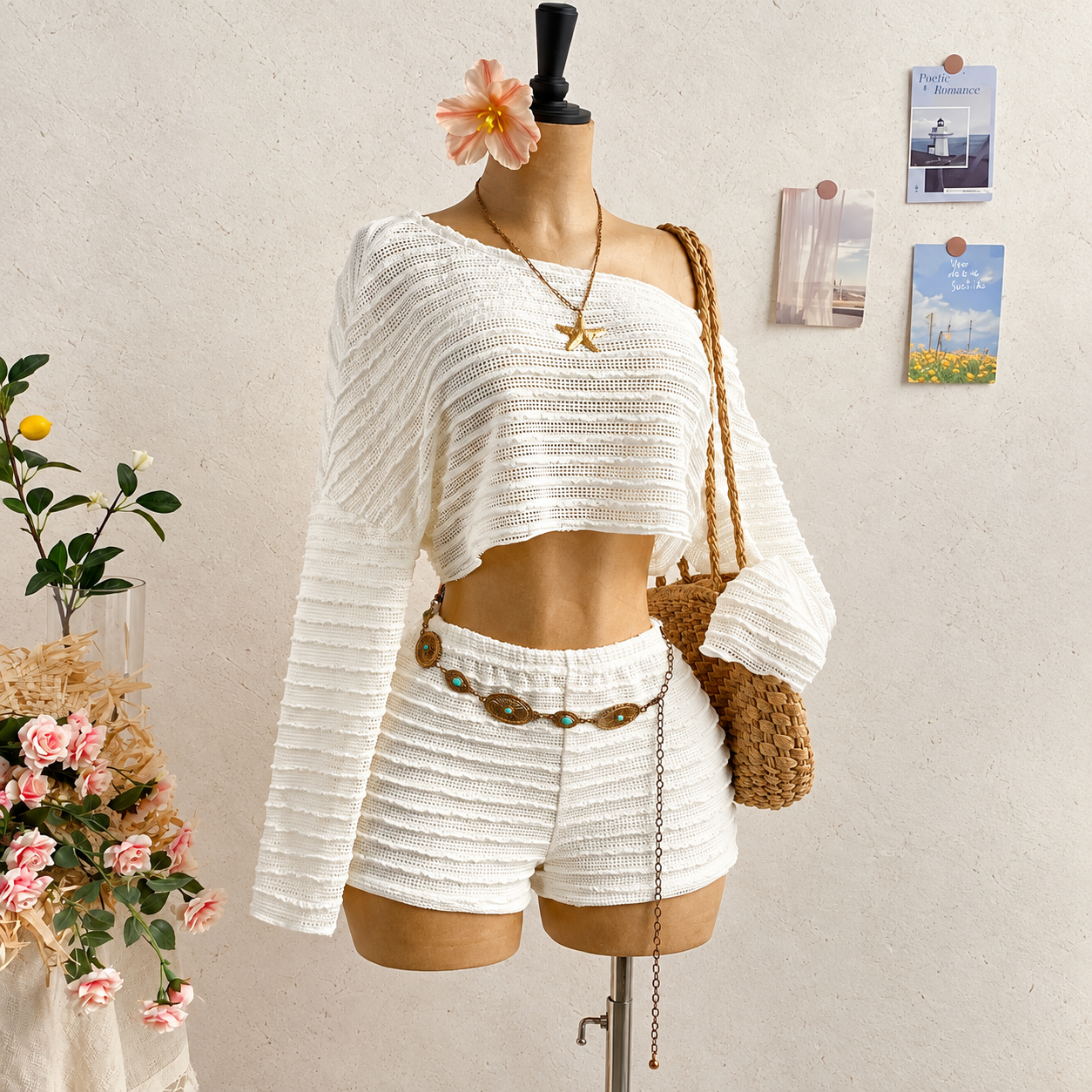 2 Pieces Asymmetric Collar Top And Shorts Set For Women