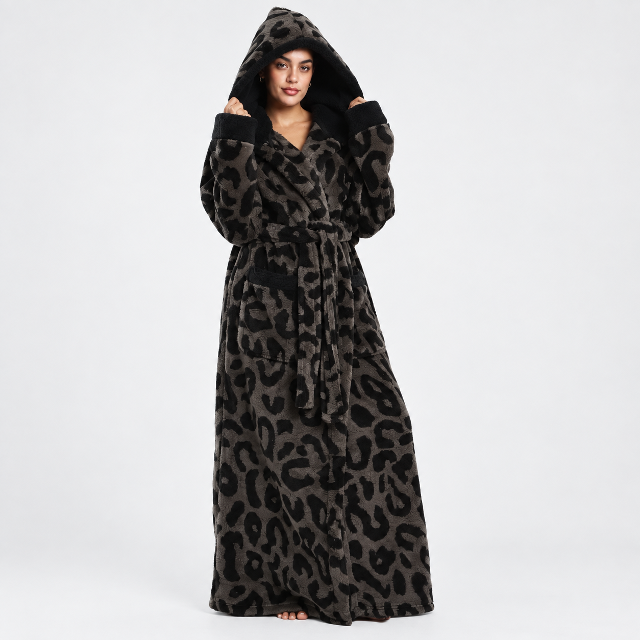 Soft Cozy Long Sleeve Full Length Hooded Sherpa Fleece Bathrobe For Women