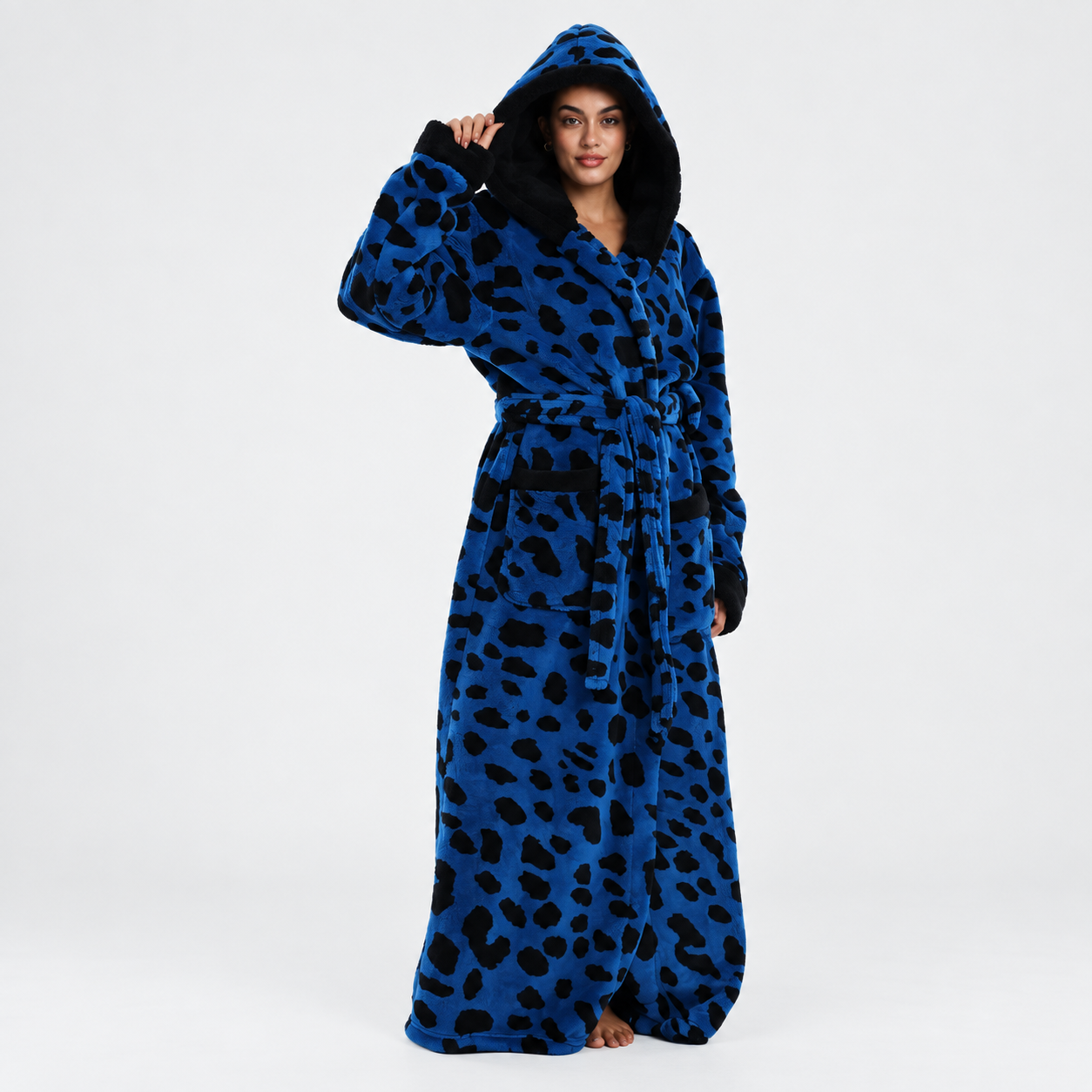 Soft Cozy Long Sleeve Full Length Hooded Sherpa Fleece Bathrobe For Women