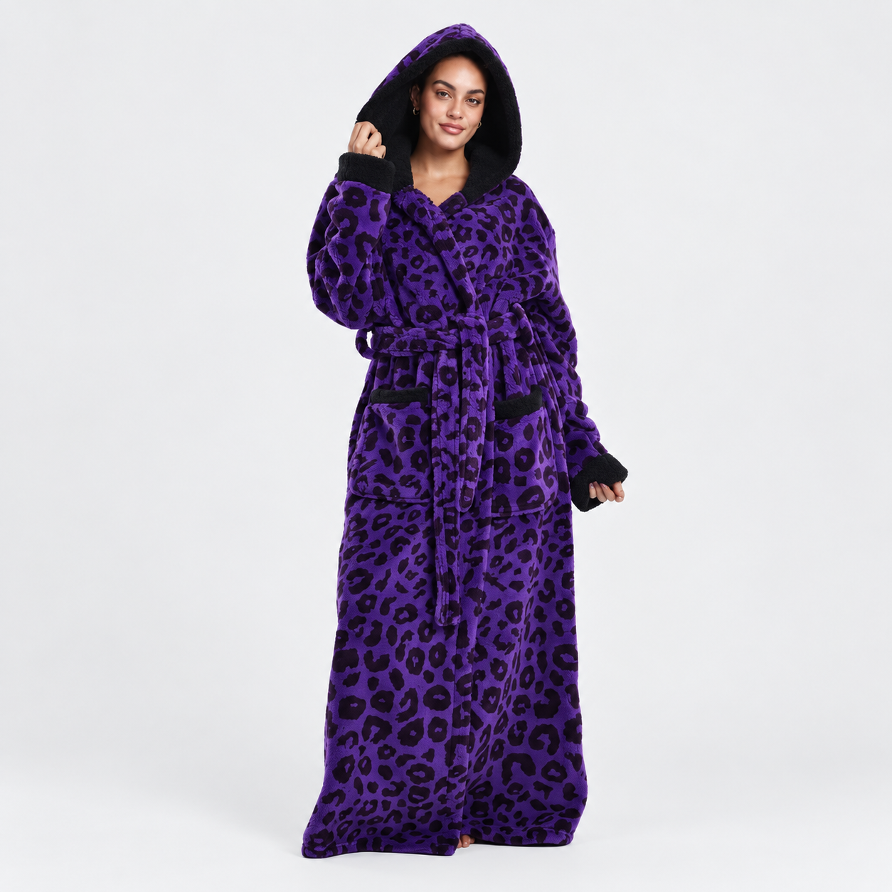 Soft Cozy Long Sleeve Full Length Hooded Sherpa Fleece Bathrobe For Women