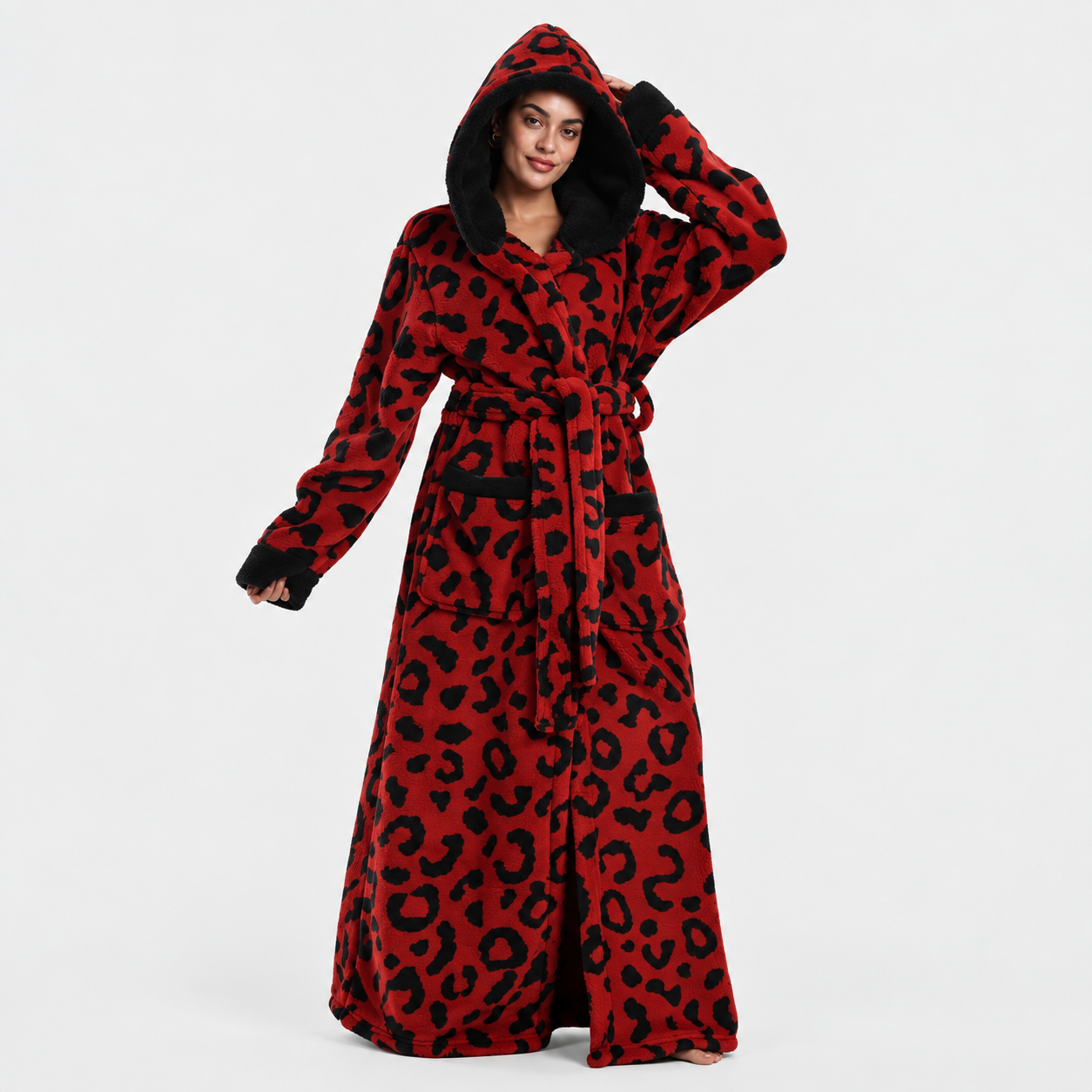 Soft Cozy Long Sleeve Full Length Hooded Sherpa Fleece Bathrobe For Women
