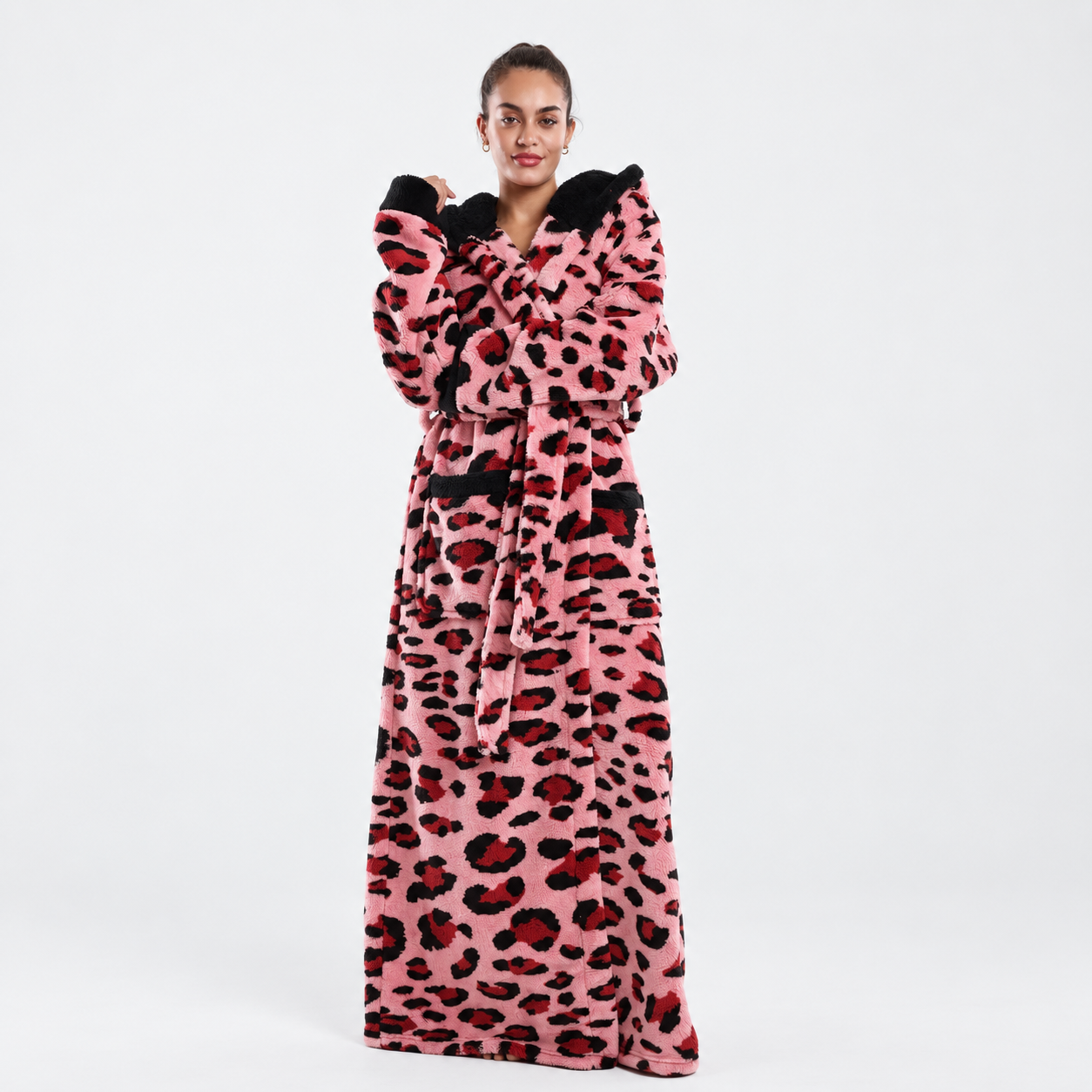 Soft Cozy Long Sleeve Full Length Hooded Sherpa Fleece Bathrobe For Women