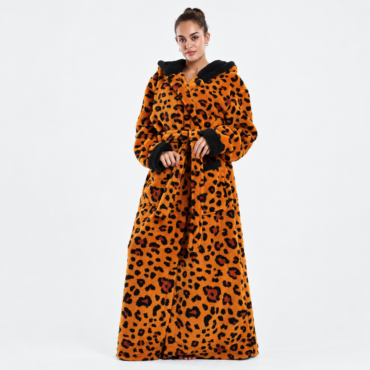 Soft Cozy Long Sleeve Full Length Hooded Sherpa Fleece Bathrobe For Women