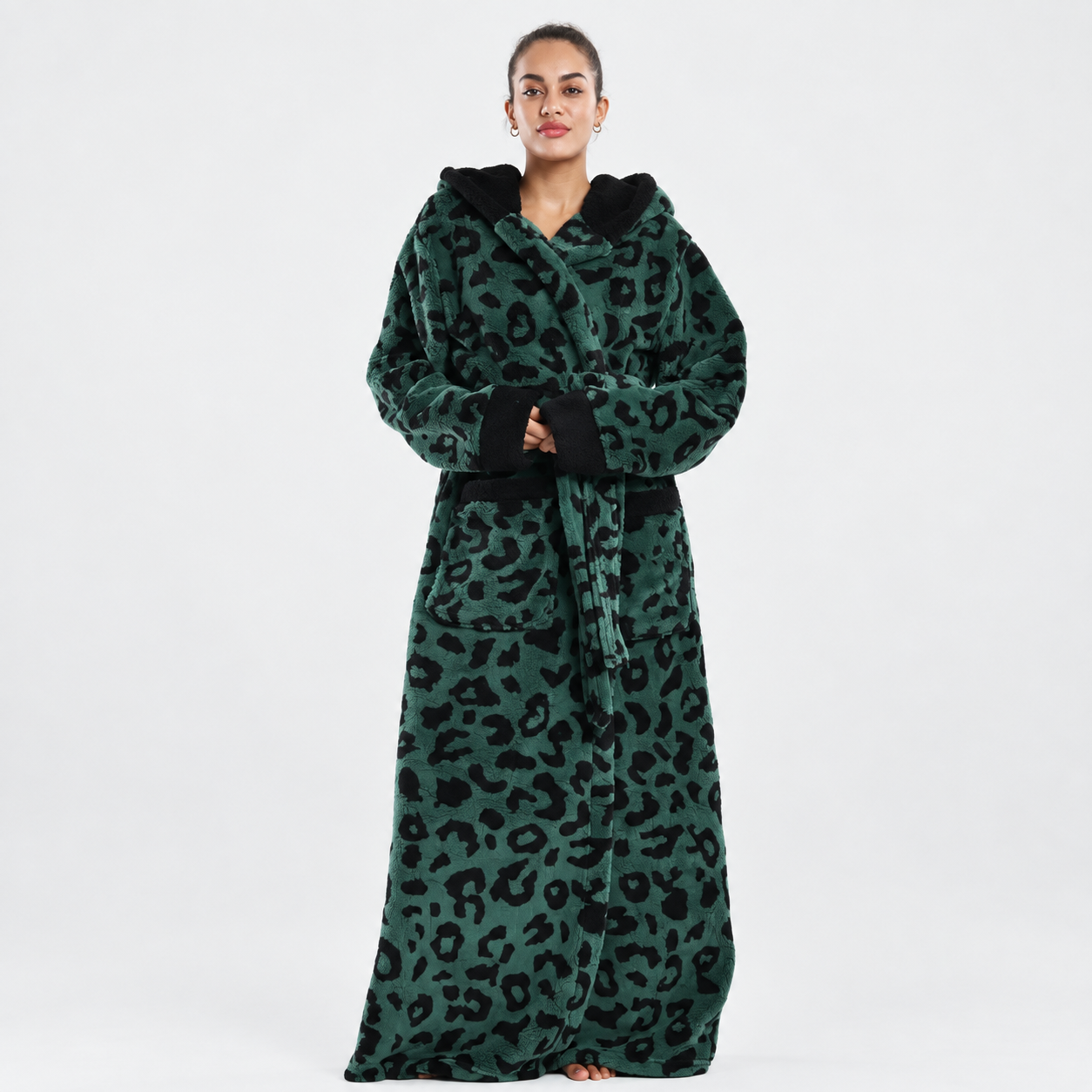 Soft Cozy Long Sleeve Full Length Hooded Sherpa Fleece Bathrobe For Women
