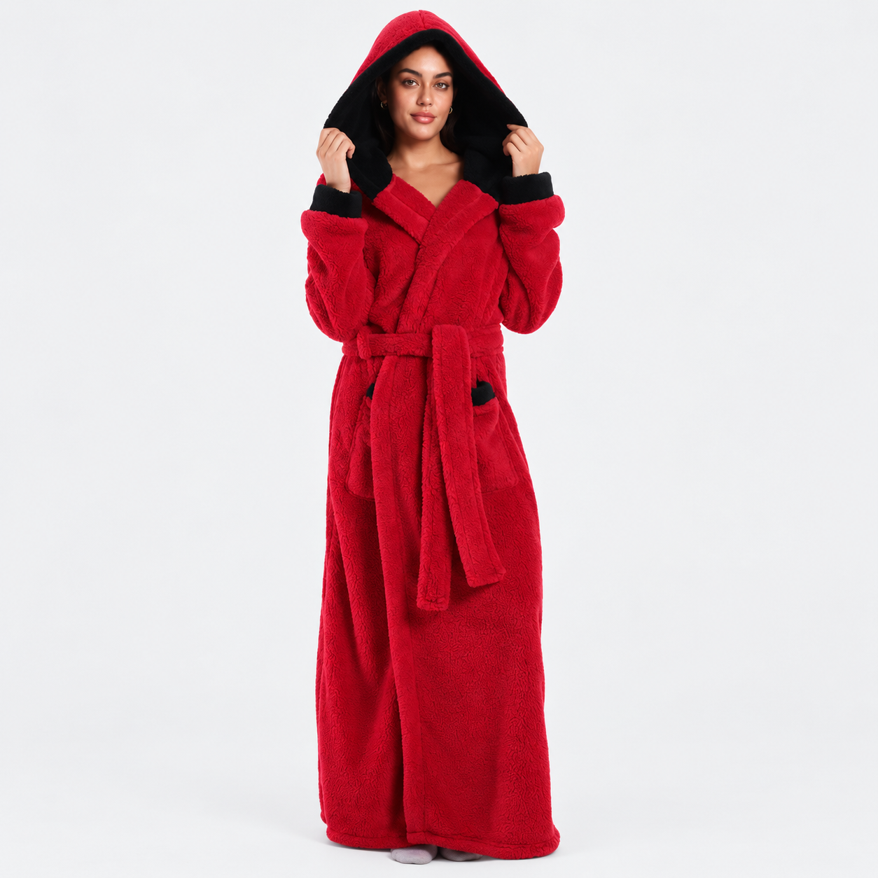 Soft Cozy Long Sleeve Full Length Hooded Sherpa Fleece Bathrobe For Women