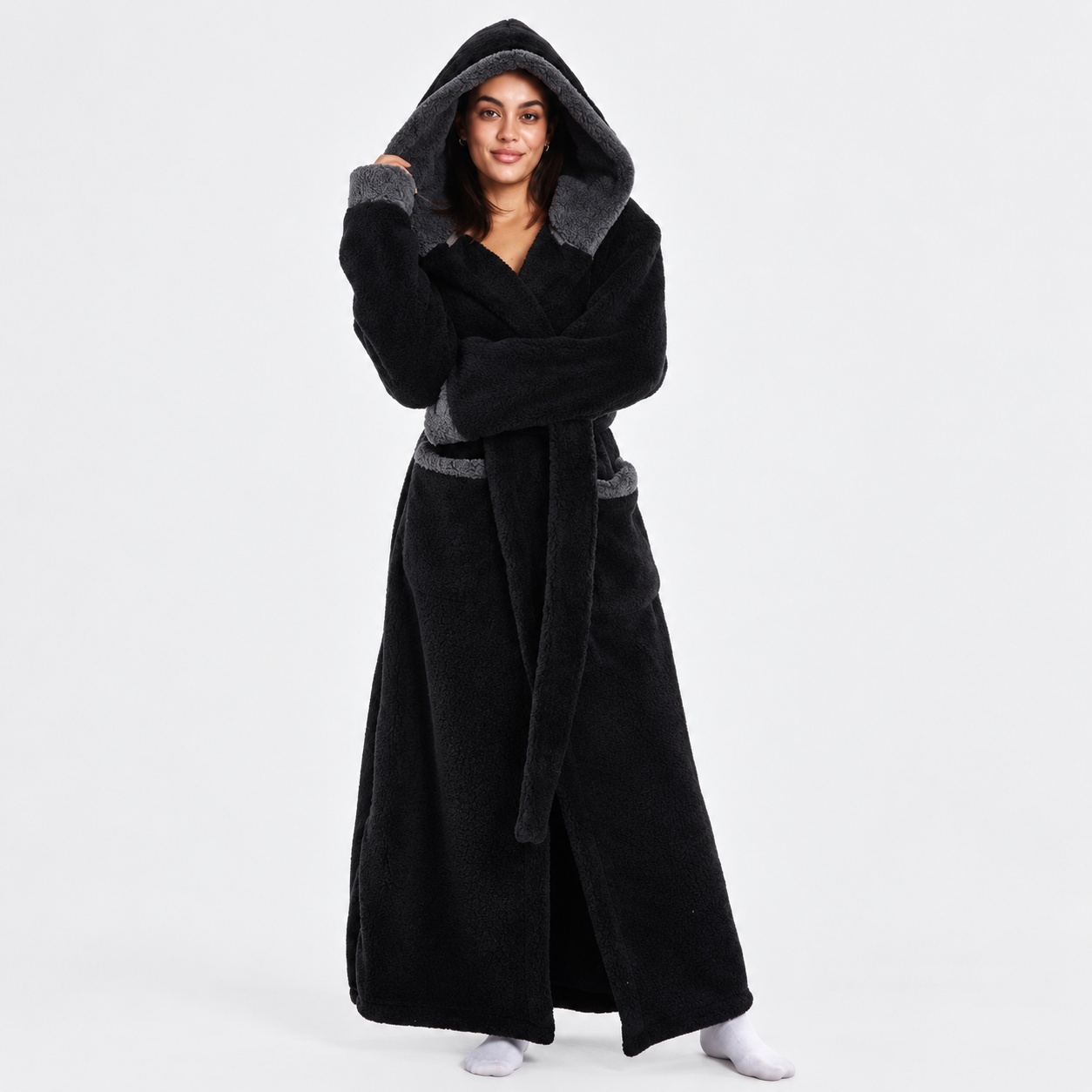 Soft Cozy Long Sleeve Full Length Hooded Sherpa Fleece Bathrobe For Women