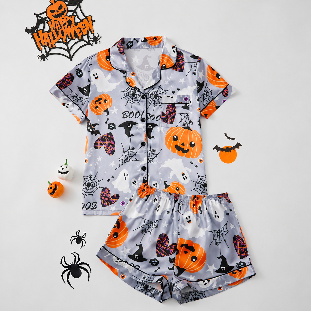 2 Piece Halloween Cartoon Print Shirt And Short Set For Women
