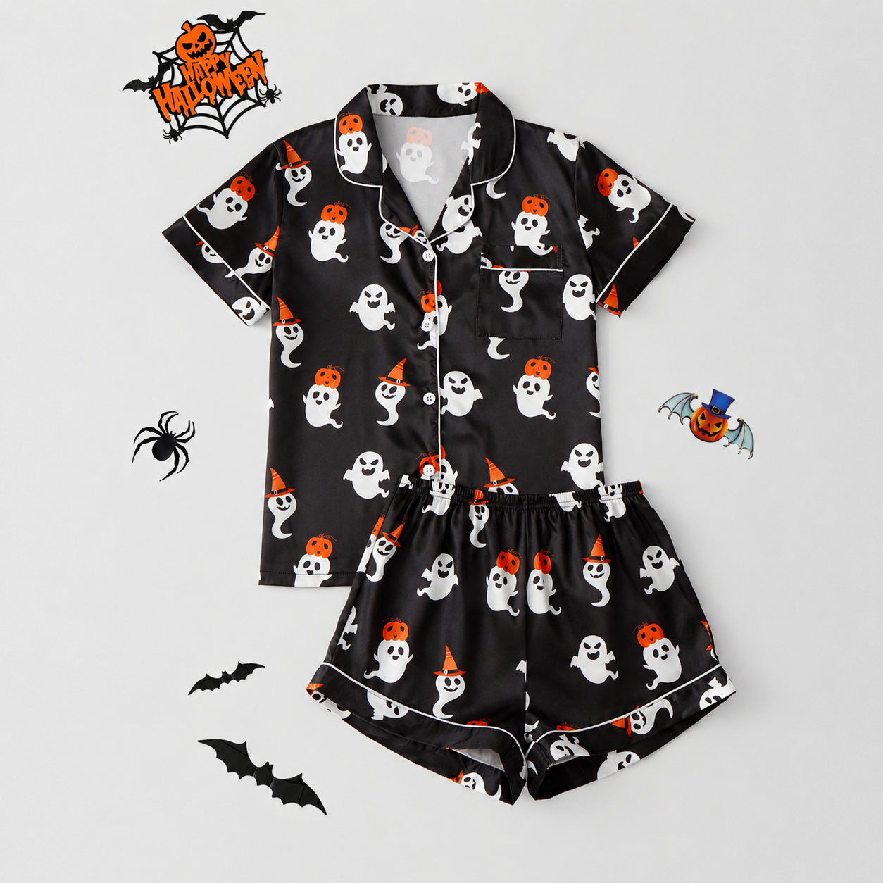 2 Piece Halloween Cartoon Print Shirt And Short Set For Women