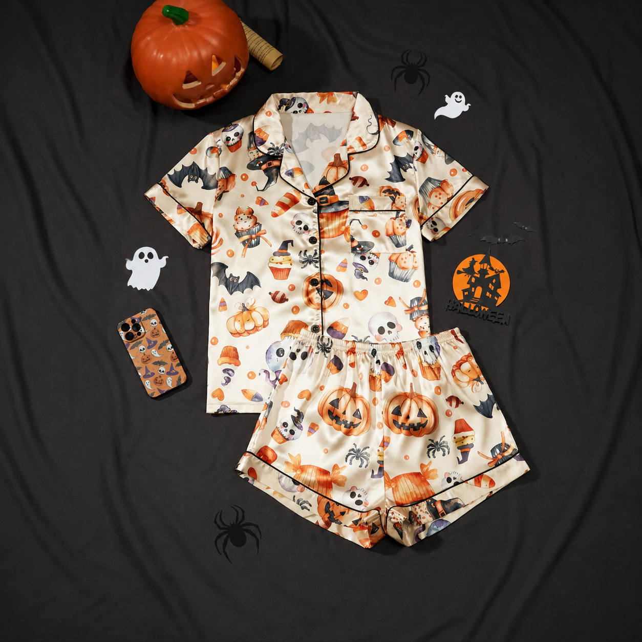 2 Piece Halloween Cartoon Print Shirt And Short Set For Women