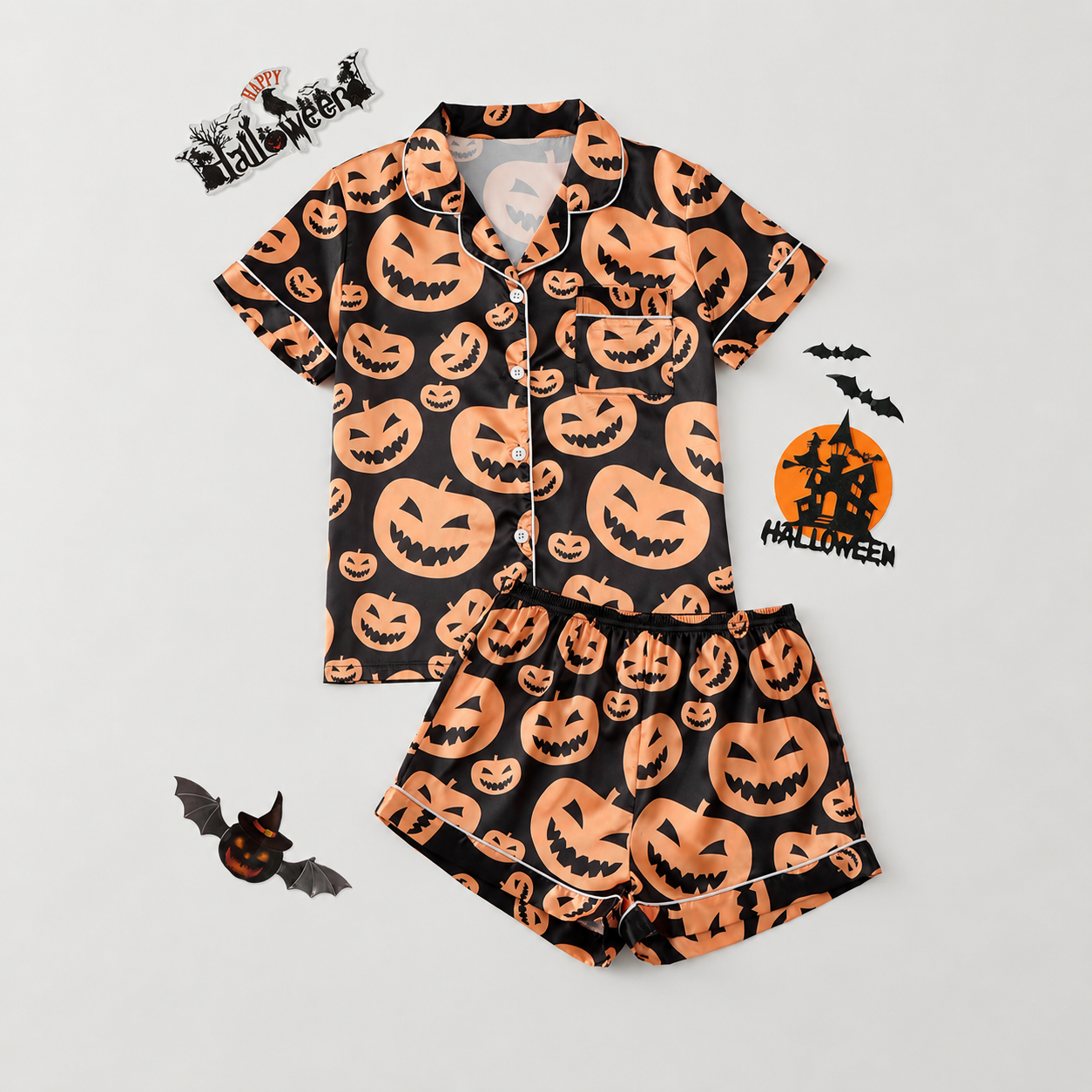 2 Piece Halloween Cartoon Print Shirt And Short Set For Women