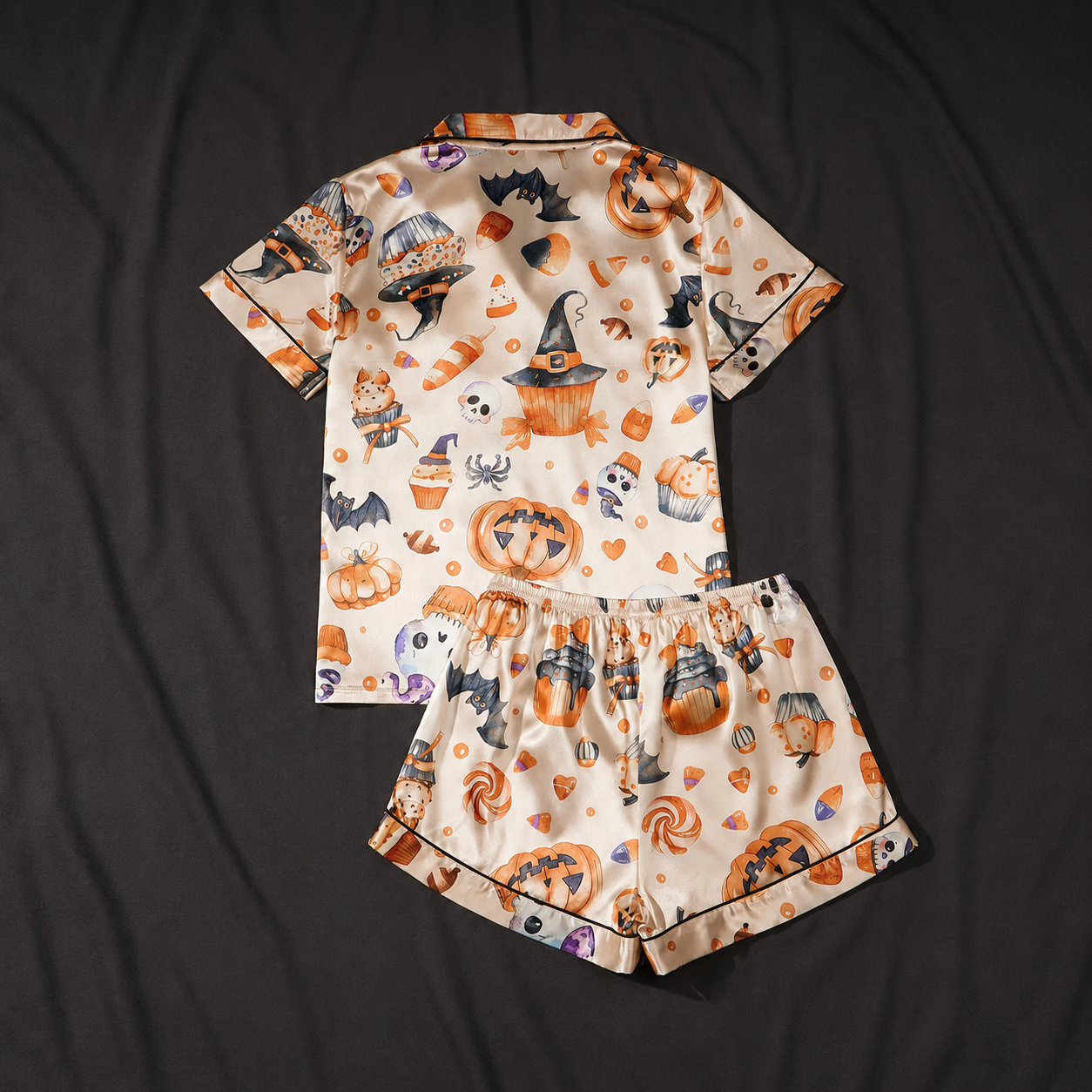 2 Piece Halloween Cartoon Print Shirt And Short Set For Women