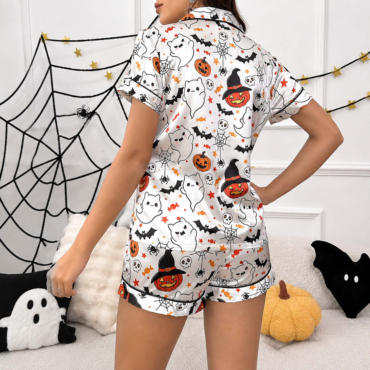2 Piece Halloween Cartoon Print Shirt And Short Set For Women