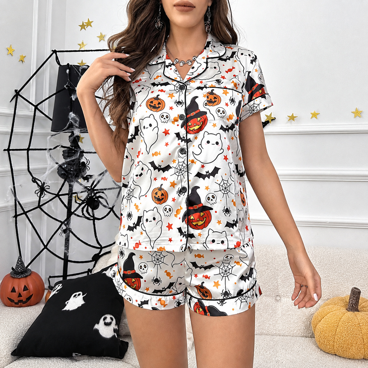 2 Piece Halloween Cartoon Print Shirt And Short Set For Women