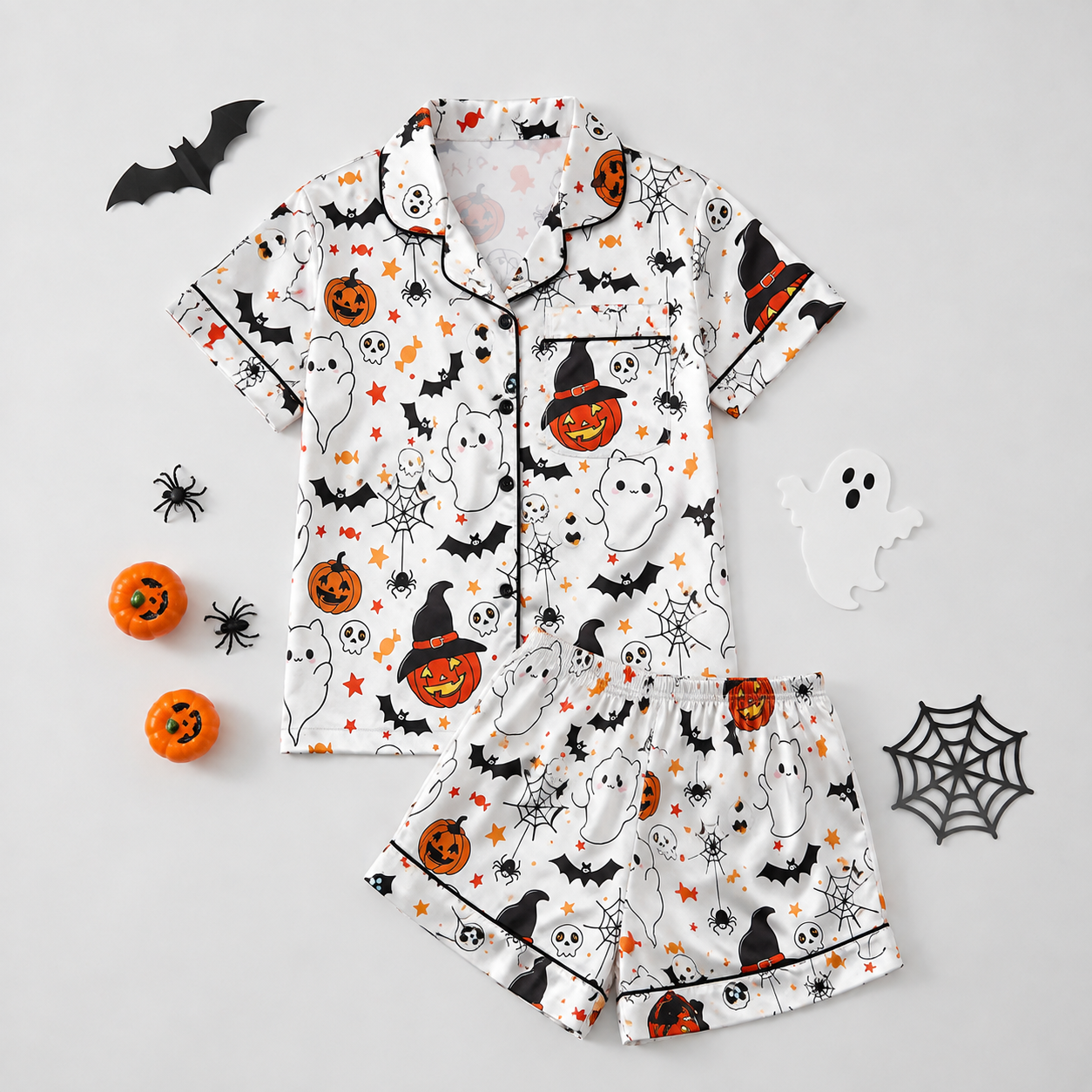2 Piece Halloween Cartoon Print Shirt And Short Set For Women