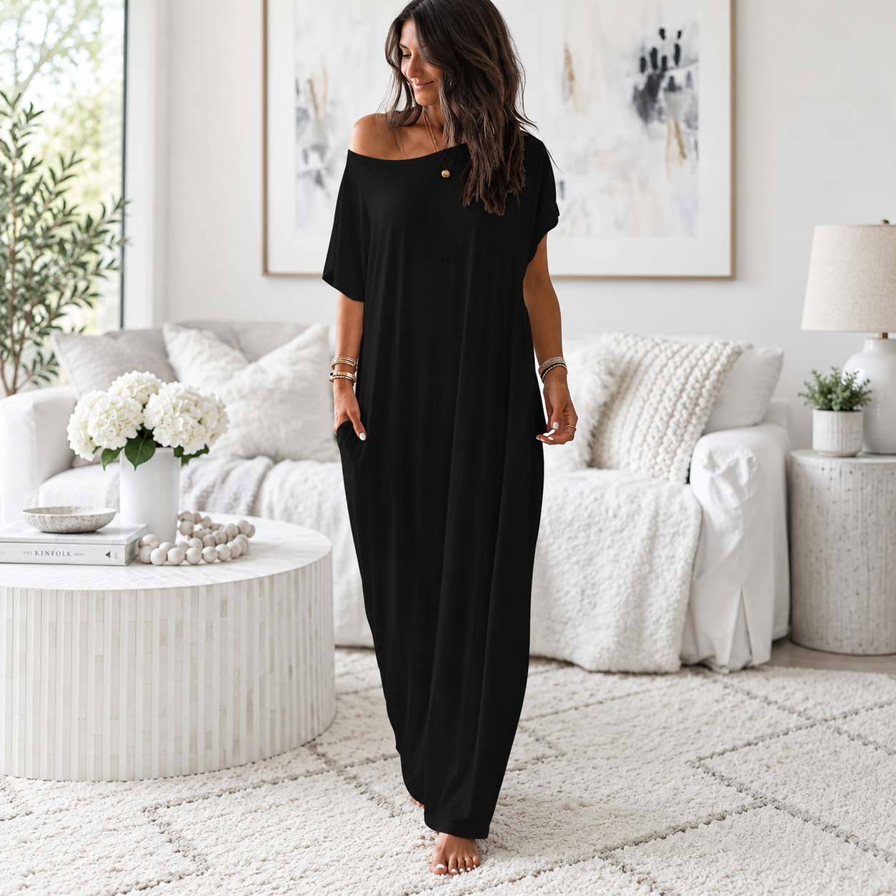 Solid Batwing Sleeve Casual Comfy Lounge Nightdress For Women