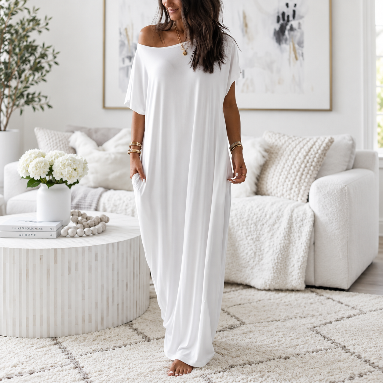 Solid Batwing Sleeve Casual Comfy Lounge Nightdress For Women