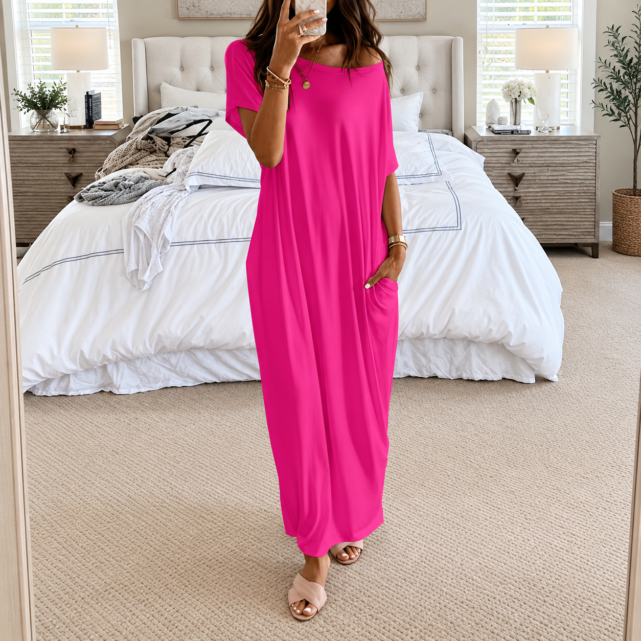 Solid Batwing Sleeve Casual Comfy Lounge Nightdress For Women