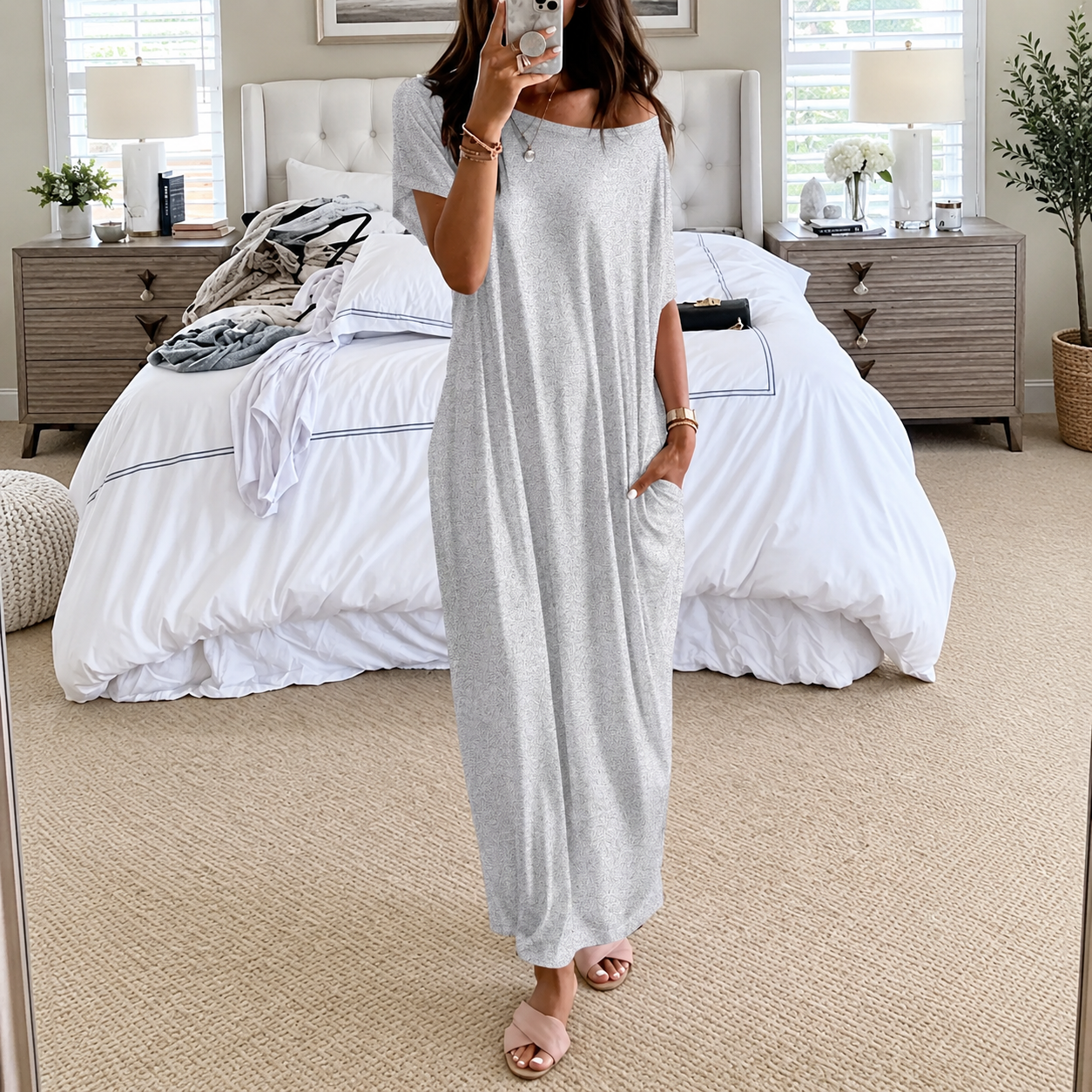 Solid Batwing Sleeve Casual Comfy Lounge Nightdress For Women