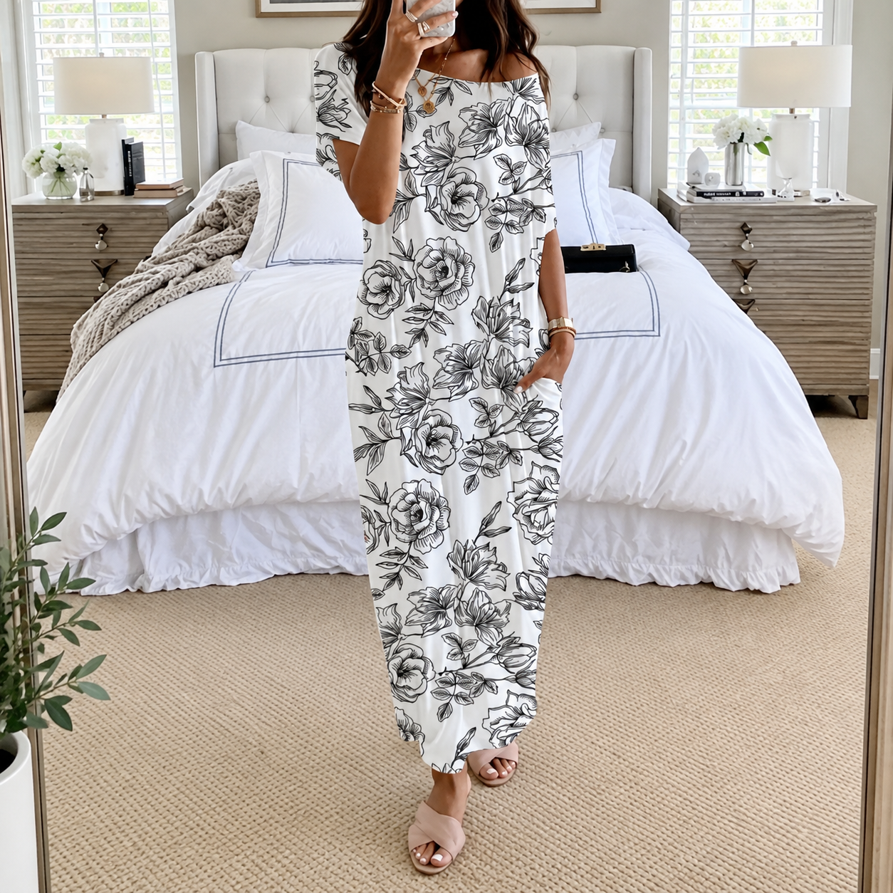 Solid Batwing Sleeve Casual Comfy Lounge Nightdress For Women