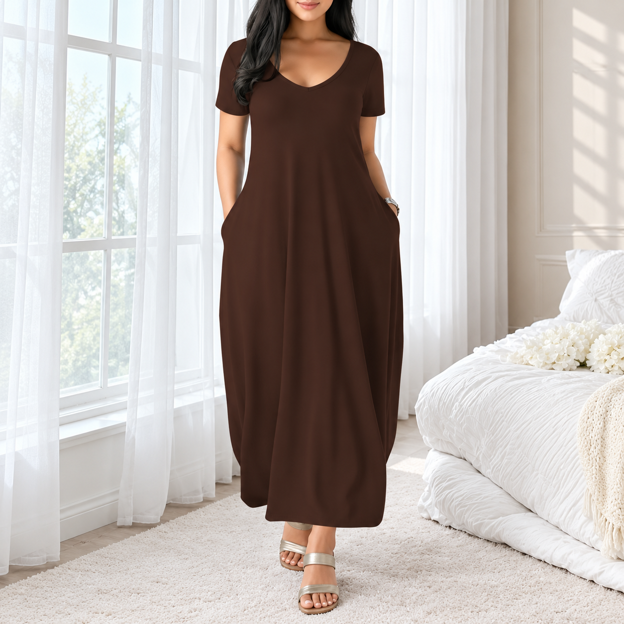 Casual Long Dress Round collar design Short Sleeve For Women