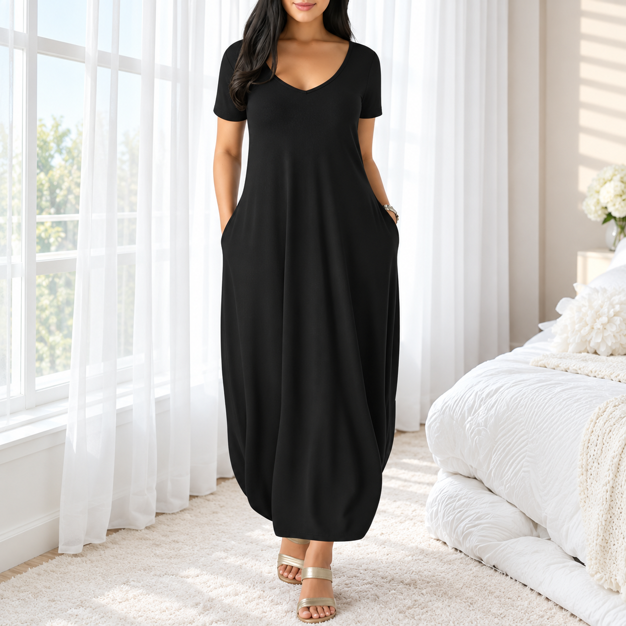 Casual Long Dress Round collar design Short Sleeve For Women