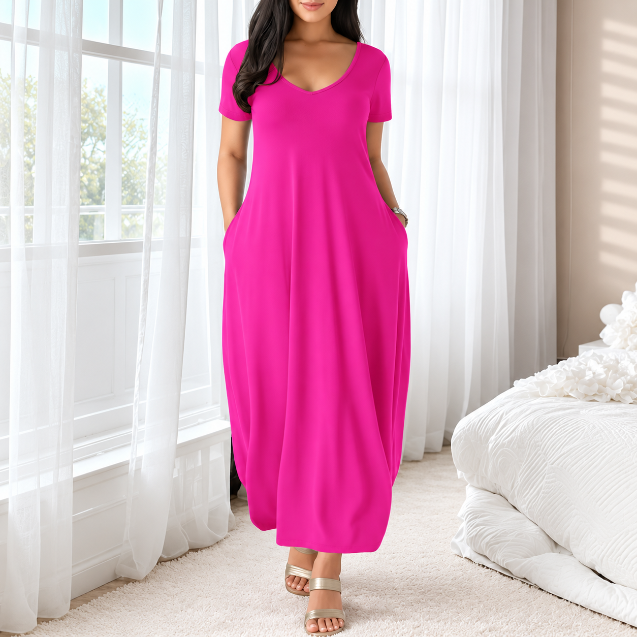 Casual Long Dress Round collar design Short Sleeve For Women