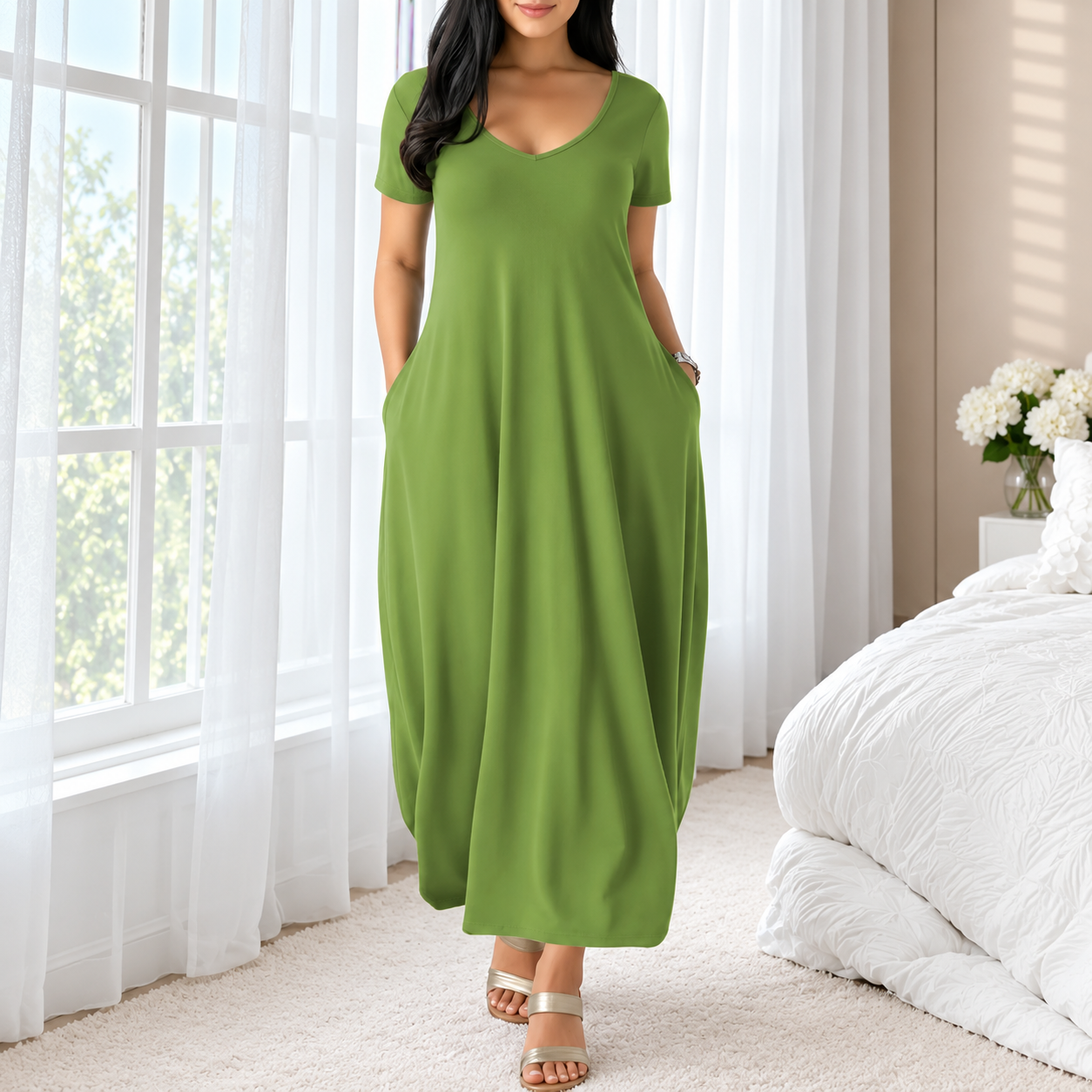 Casual Long Dress Round collar design Short Sleeve For Women