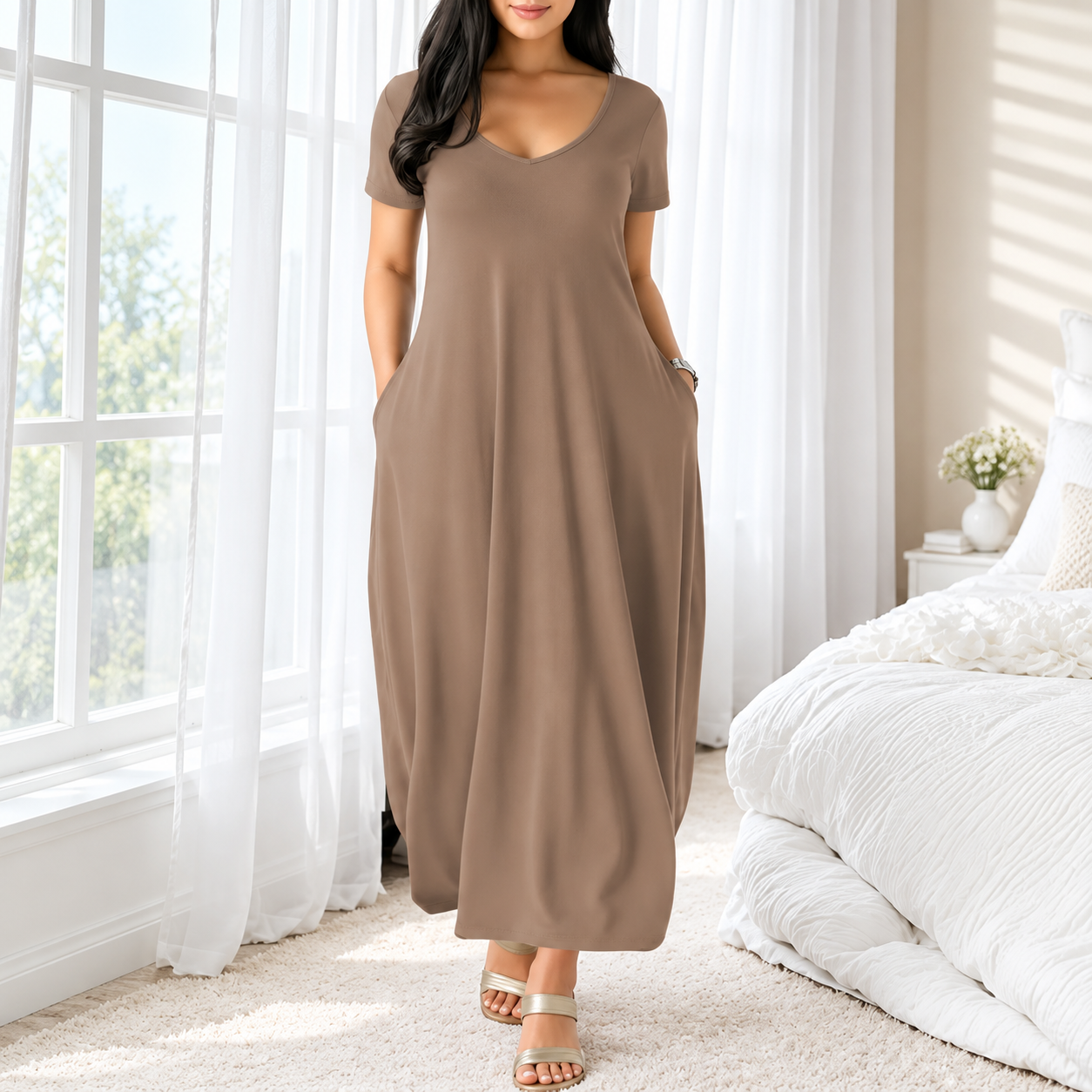 Casual Long Dress Round collar design Short Sleeve For Women