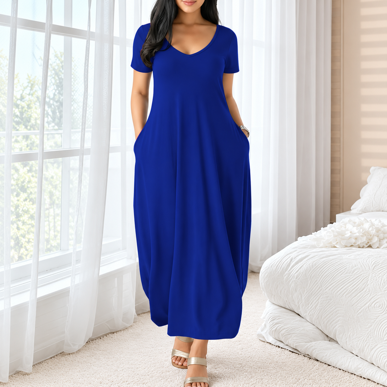 Casual Long Dress Round collar design Short Sleeve For Women