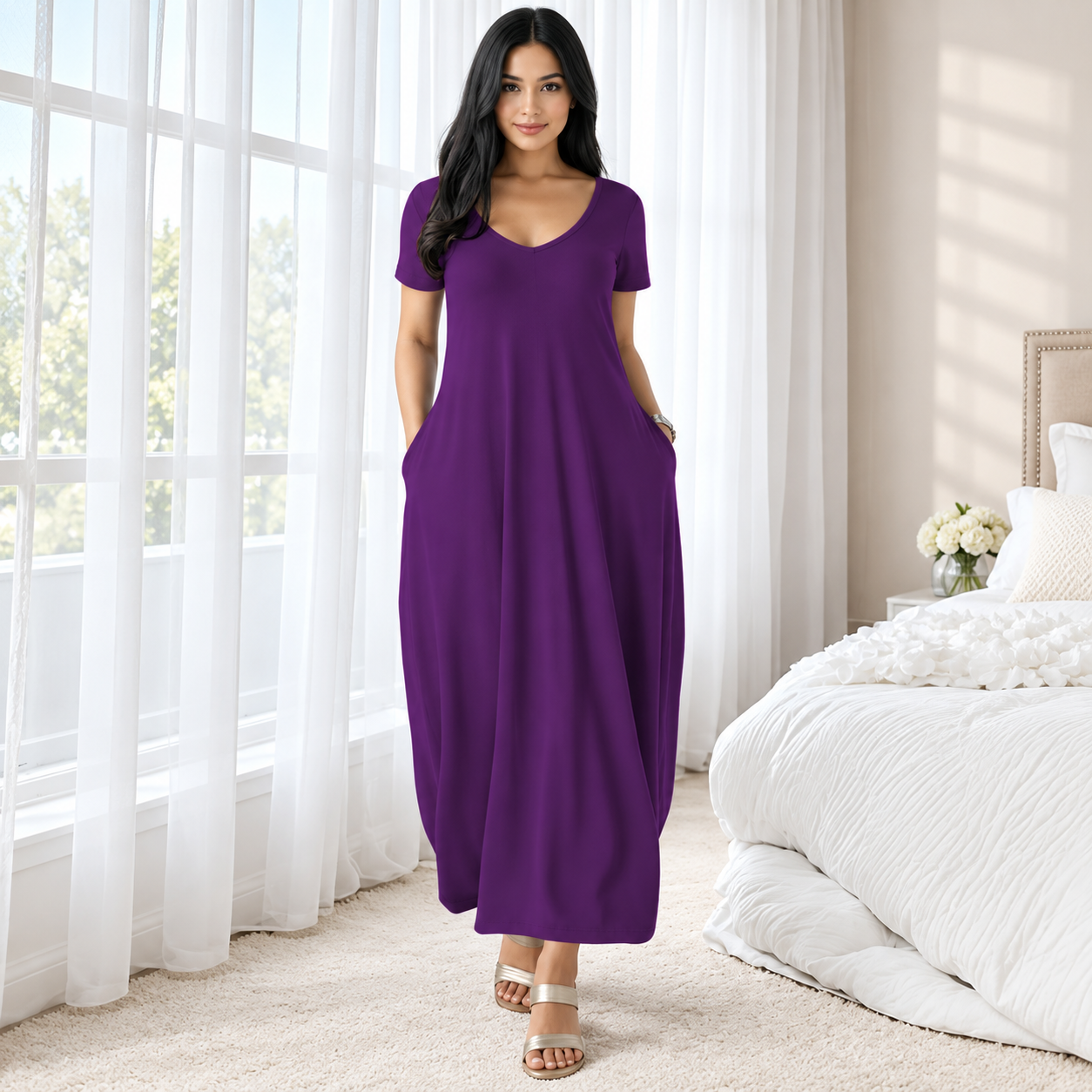 Casual Long Dress Round collar design Short Sleeve For Women