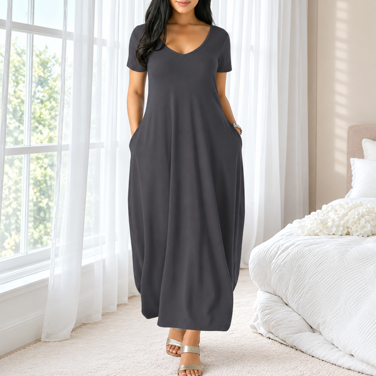 Casual Long Dress Round collar design Short Sleeve For Women