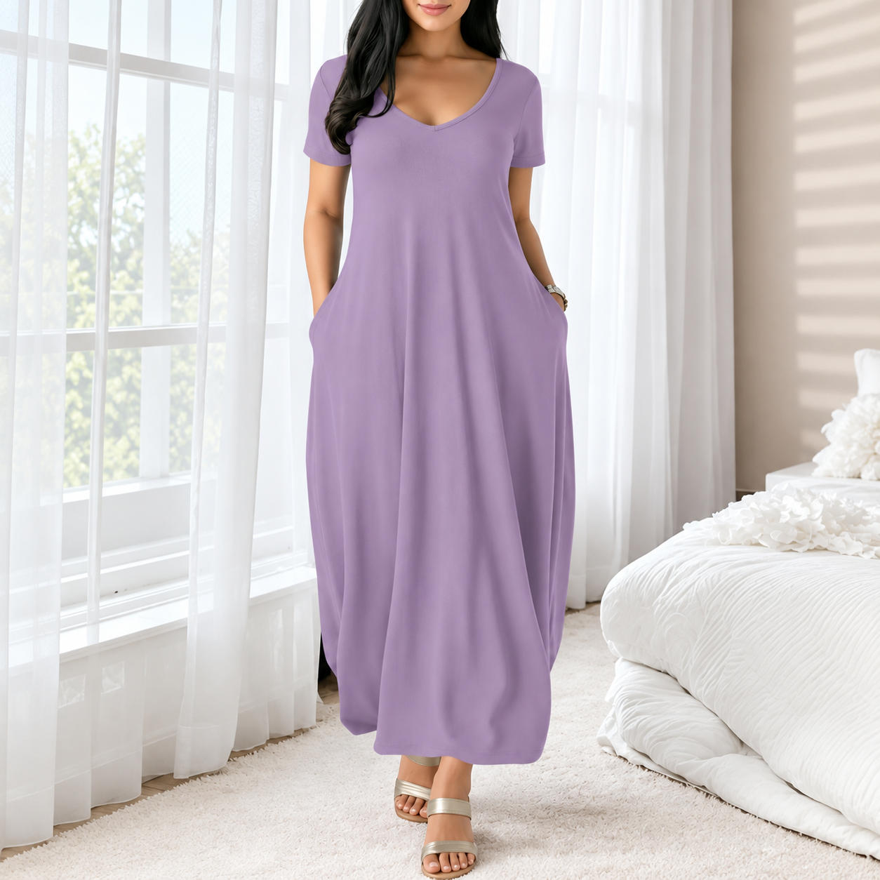 Casual Long Dress Round collar design Short Sleeve For Women