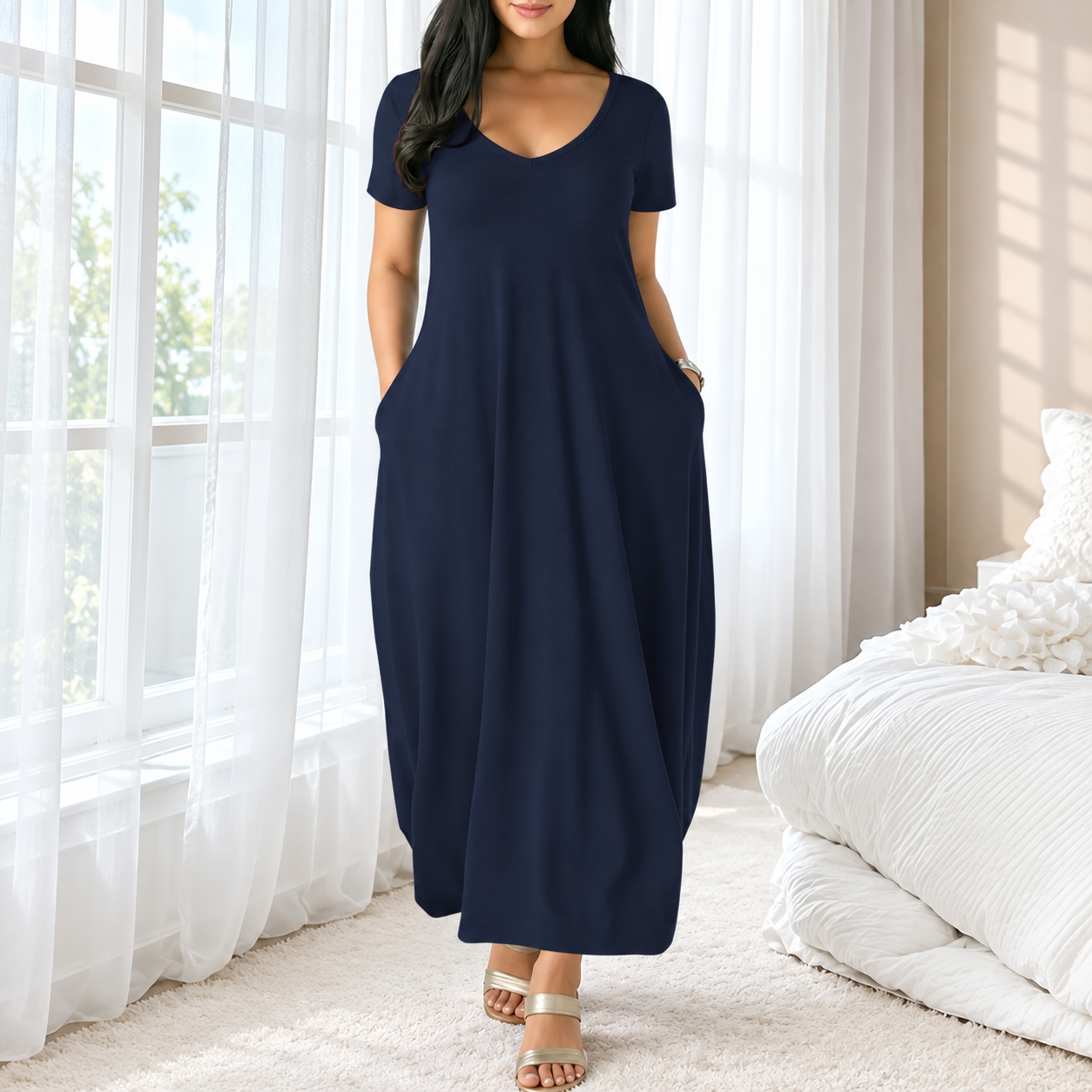 Casual Long Dress Round collar design Short Sleeve For Women