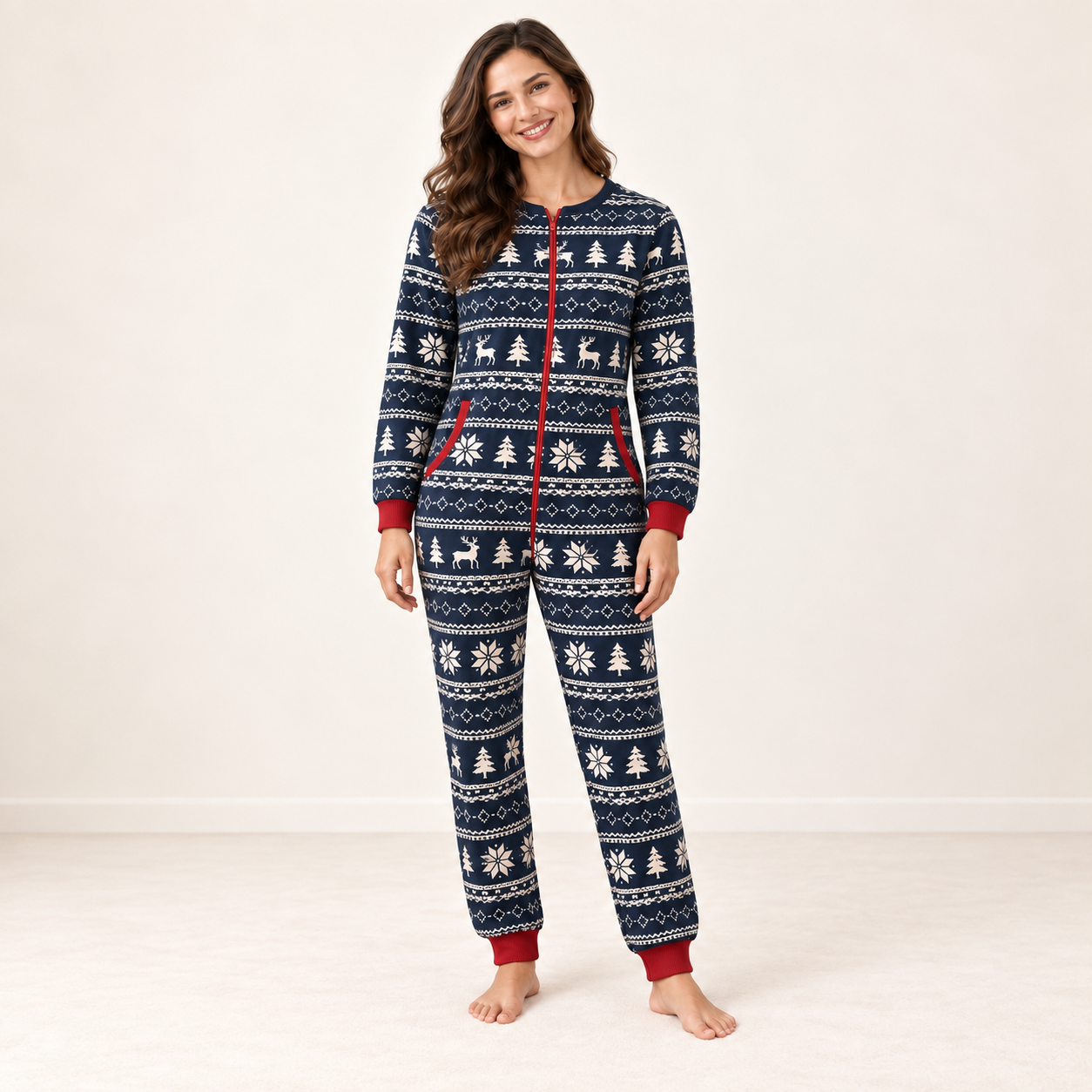 Woman wearing the navy Fair Isle zip-front onesie Christmas pajamas, front view