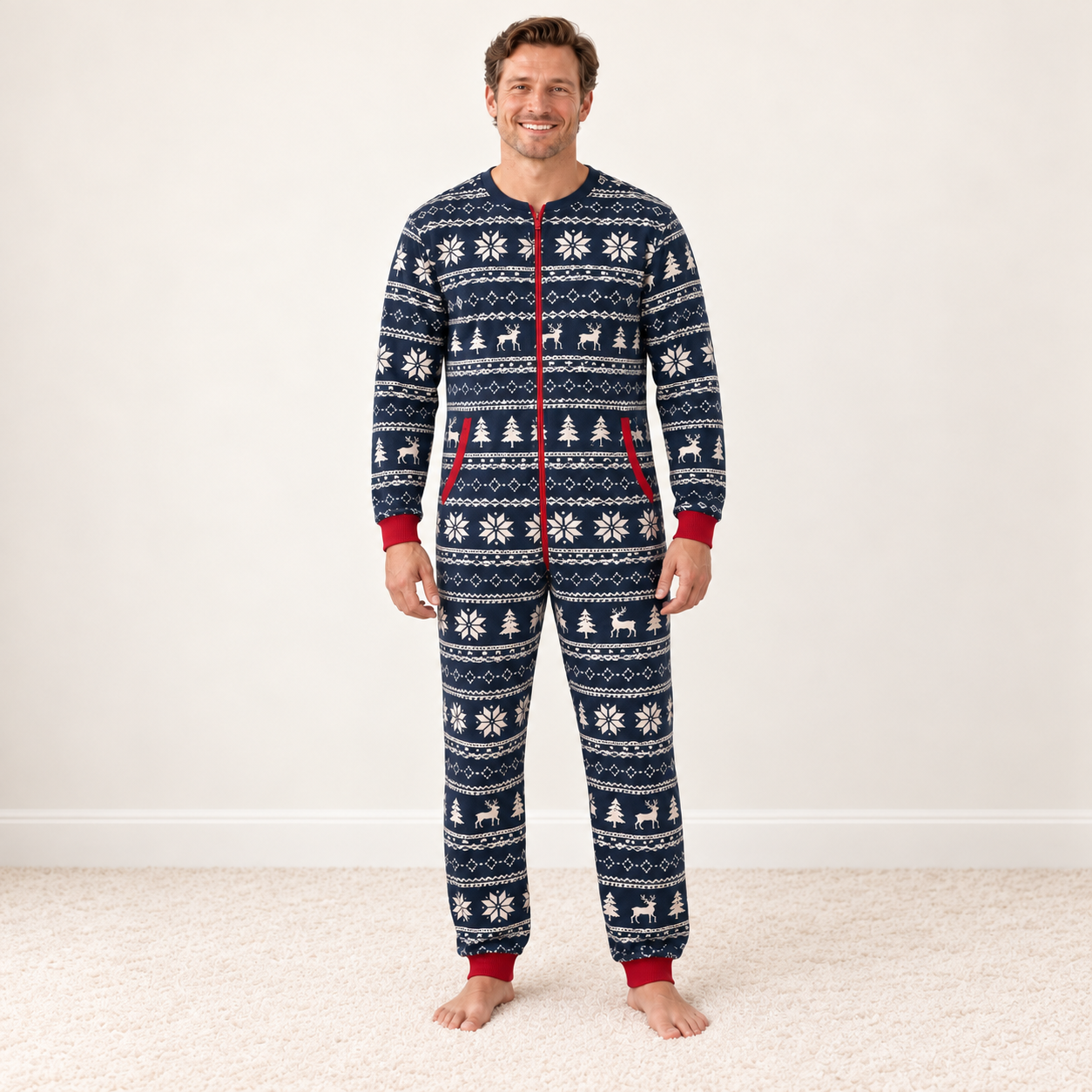 Man wearing the navy Fair Isle zip-front onesie Christmas pajamas, front view