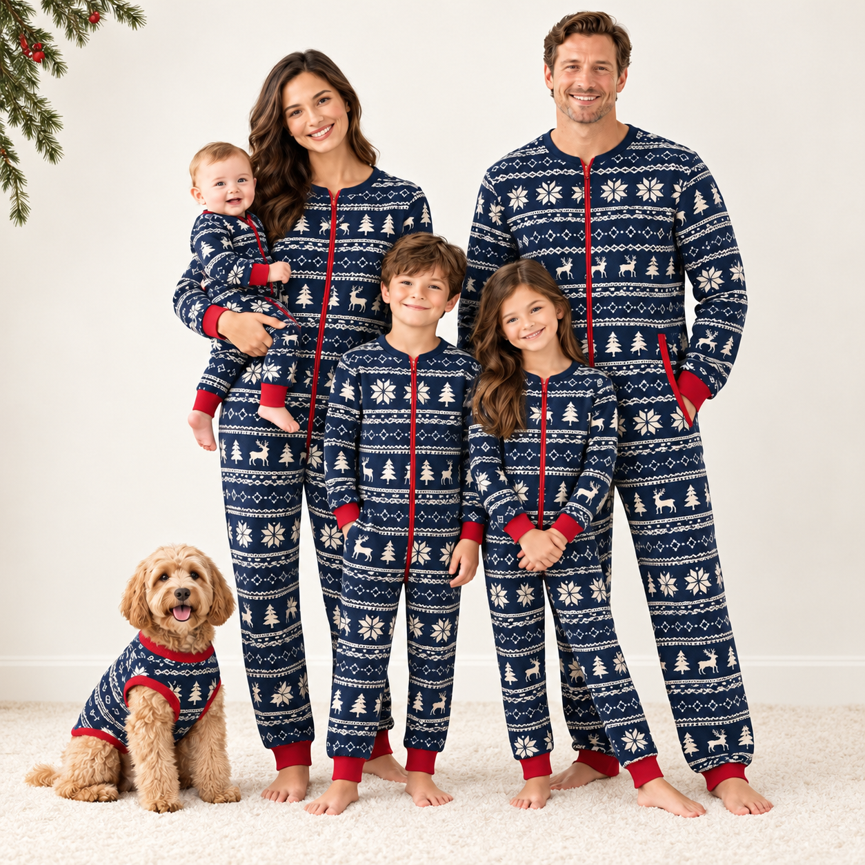Family and dog in matching navy Fair Isle zip-front onesie Christmas pajamas beside a decorated tree
