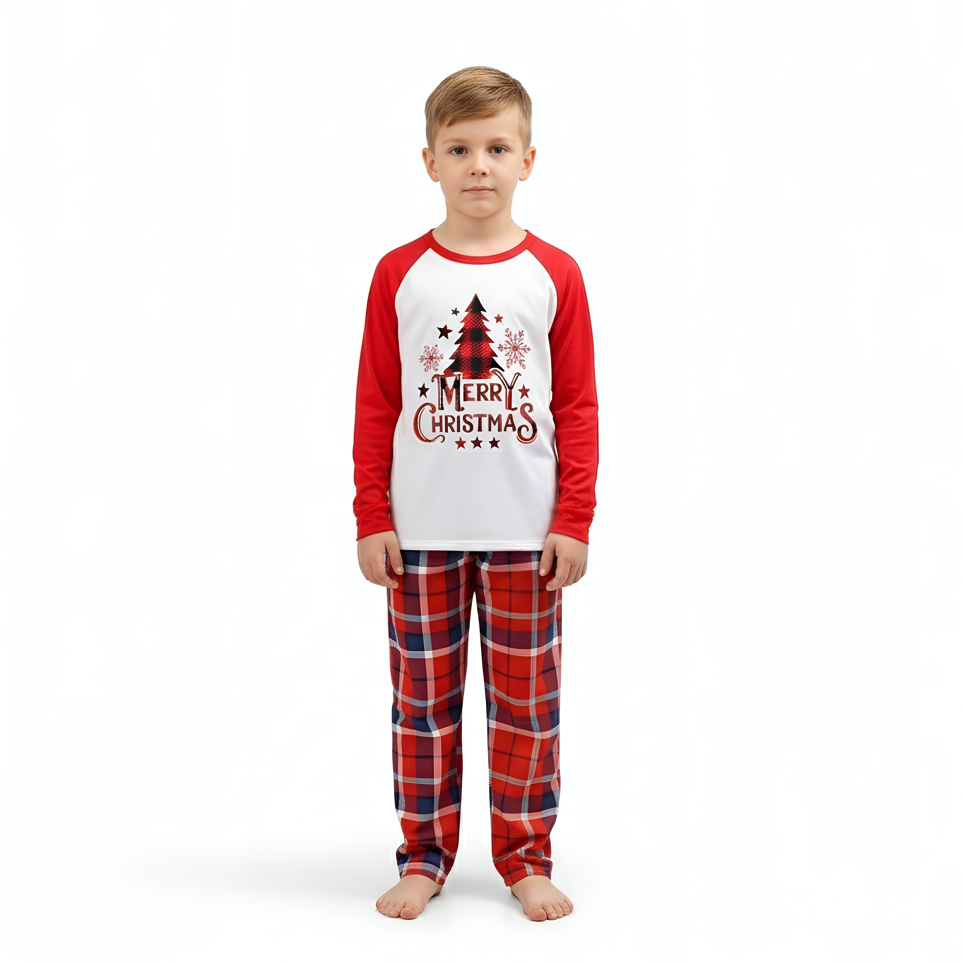 Christmas Tree Merry Christmas Printed Family Matching Plaid Pajama Set