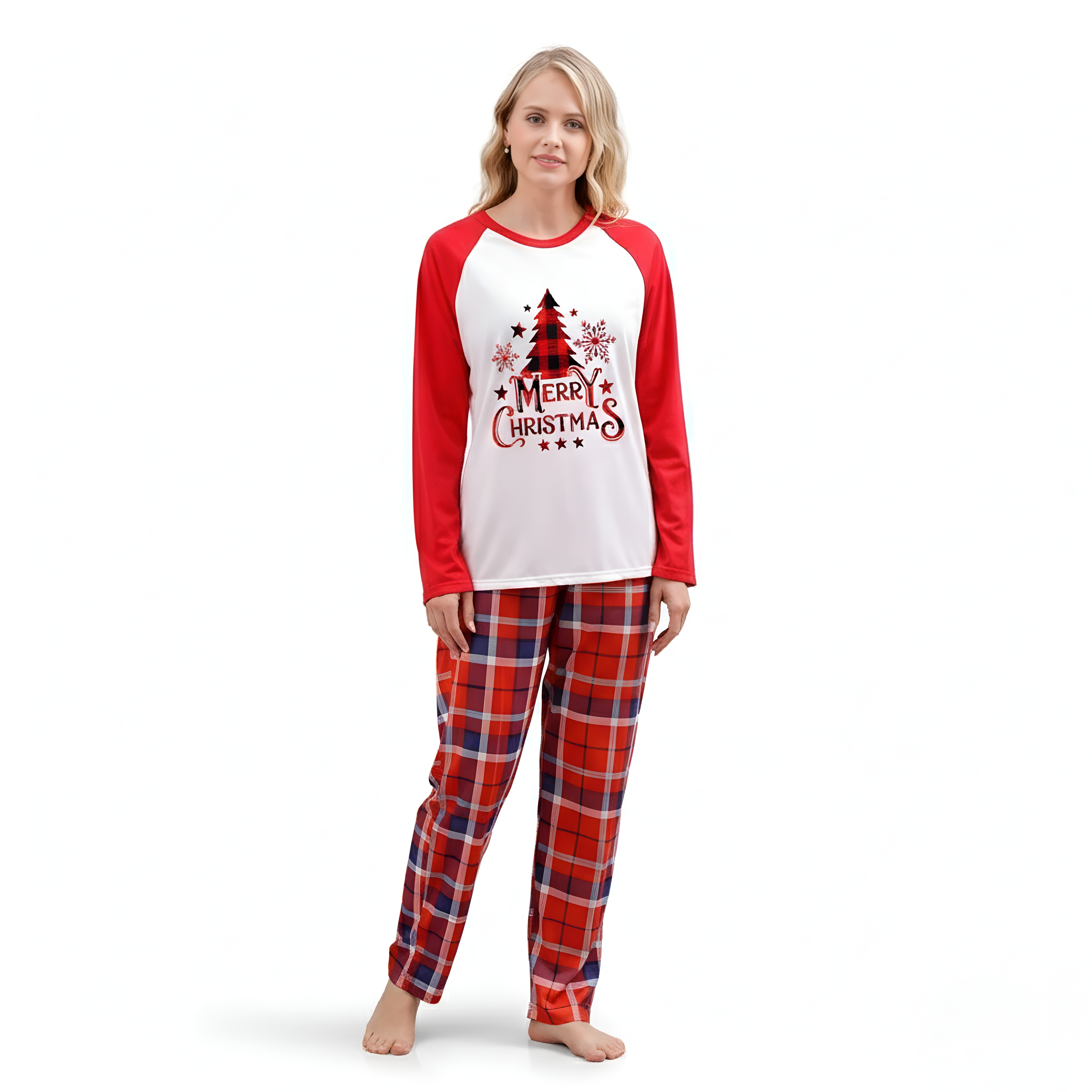 Christmas Tree Merry Christmas Printed Family Matching Plaid Pajama Set