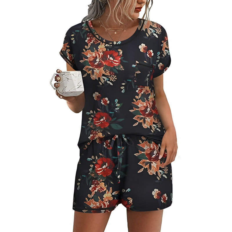 Contrast Piping And Pocket Short Sleeve Pajama Set