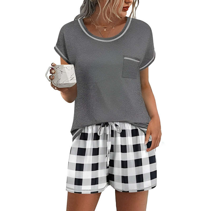 Contrast Piping And Pocket Short Sleeve Pajama Set