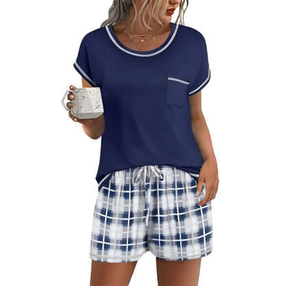Contrast Piping And Pocket Short Sleeve Pajama Set
