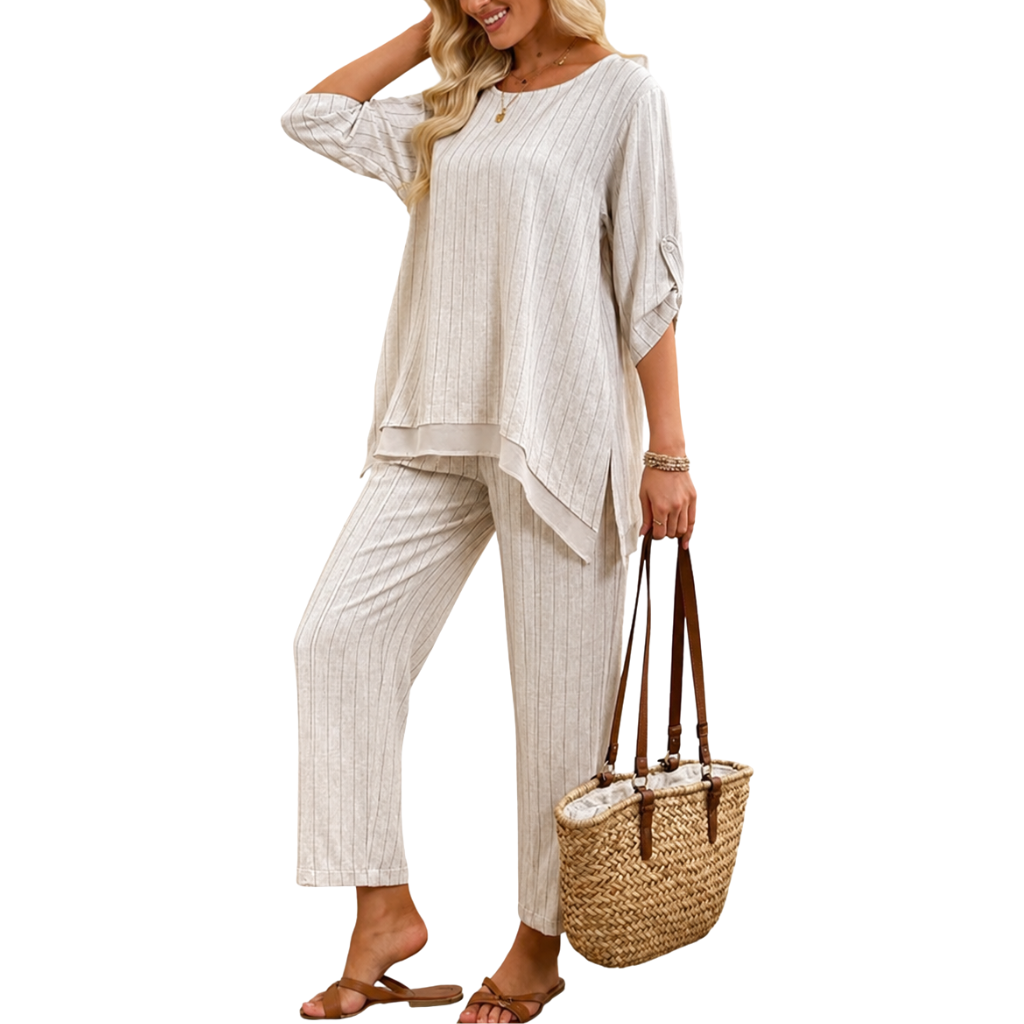 Wide Linen Rolled Sleeves Two Pieces Outfit Set For Women