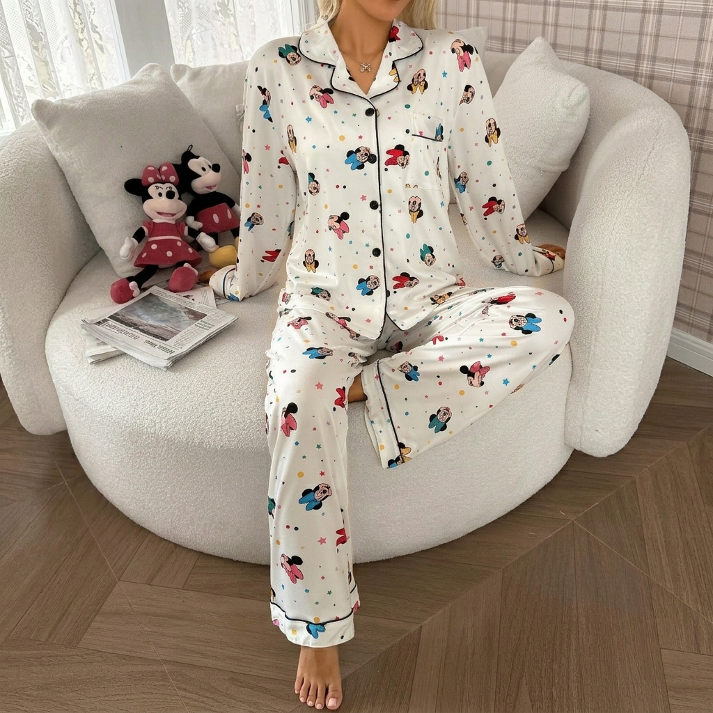 Cartoon Print Sleepwear Pajama Set With Matching Long Sleeve Top And Pants For Women