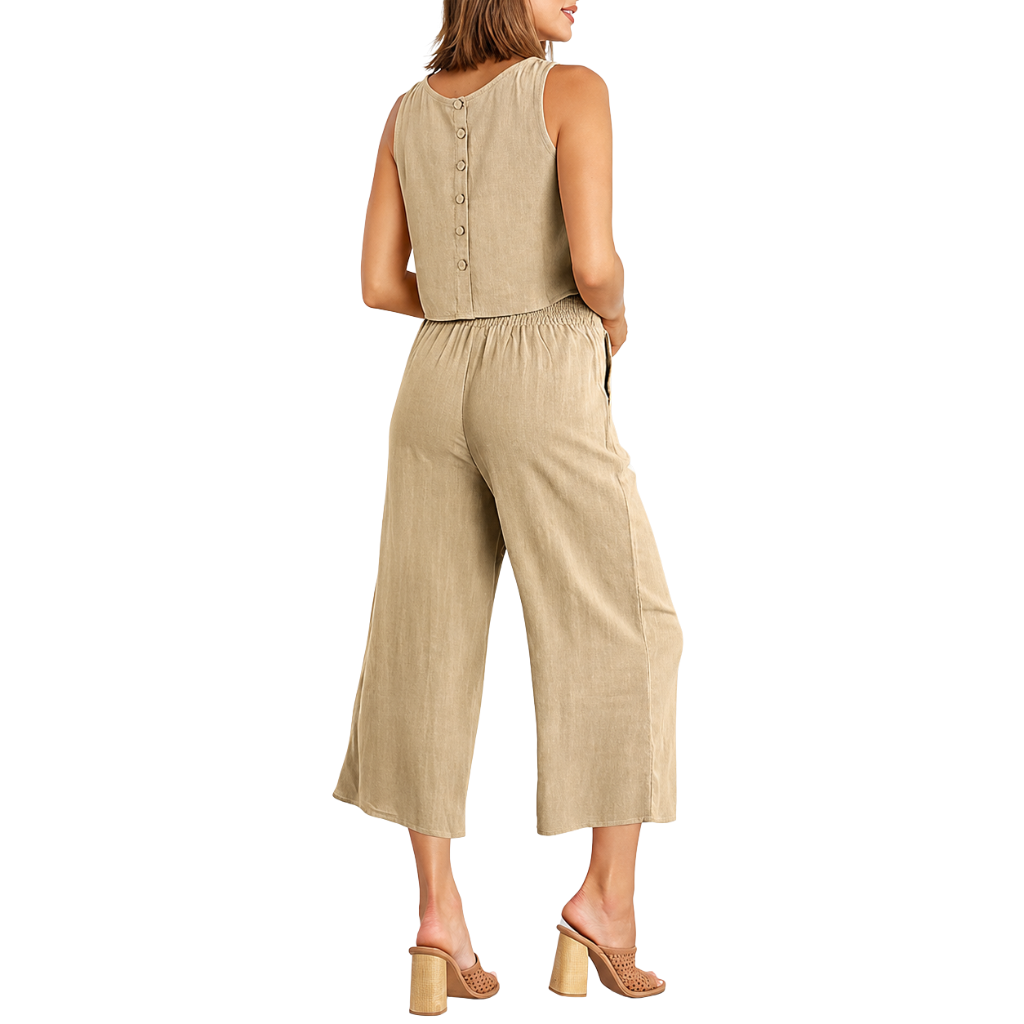 2 Piece Summer Wear Sleeveless Crop Top And Wide Capri Pants Set For Women