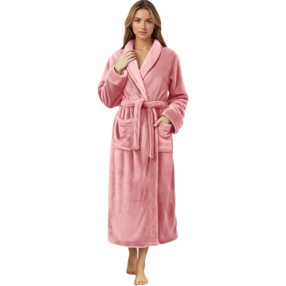 Plush Fleece Long Bath Robe With Shawl Collar And Belt For Women