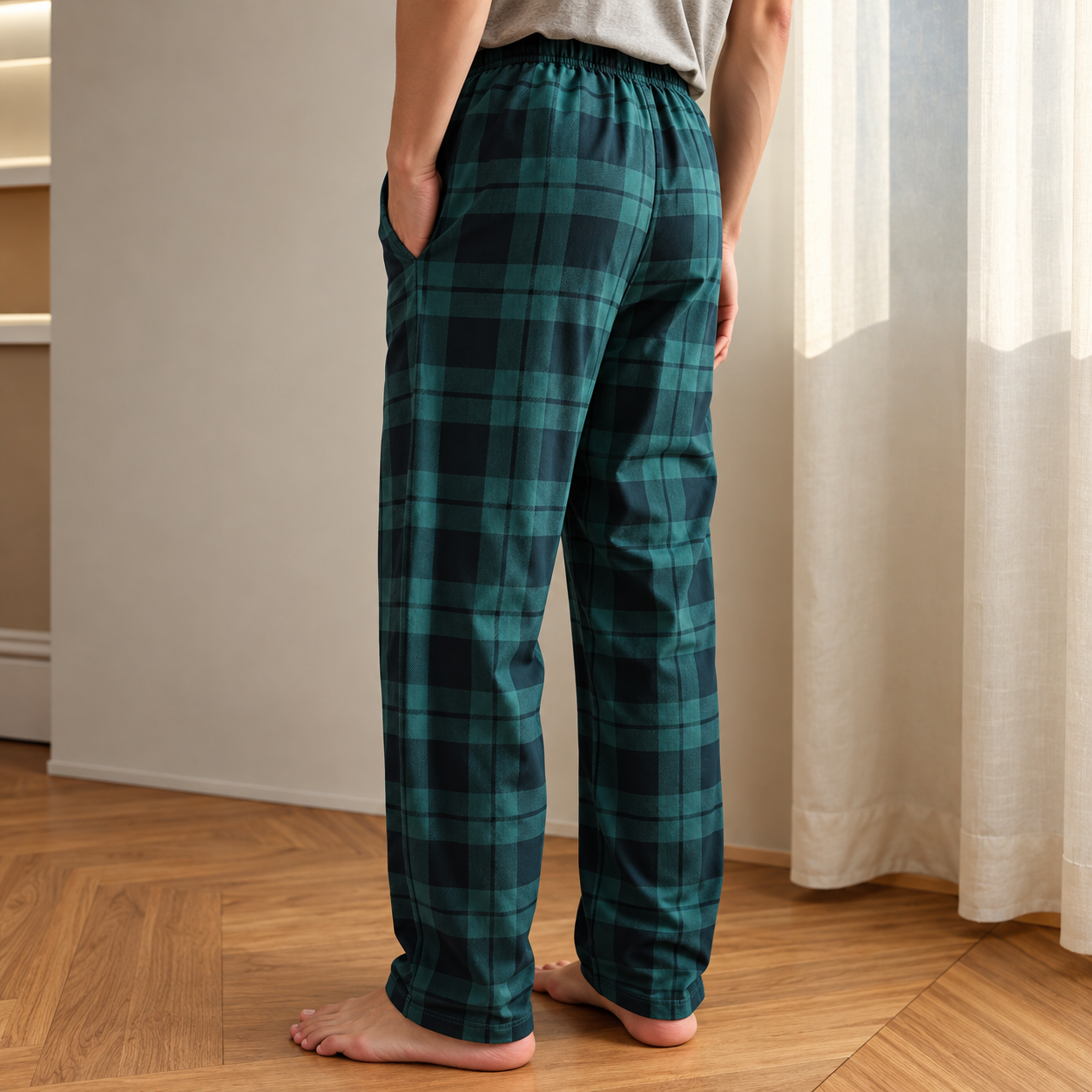 3 Pieces Plaid Pattern Straight Length Pajama Pants For Men