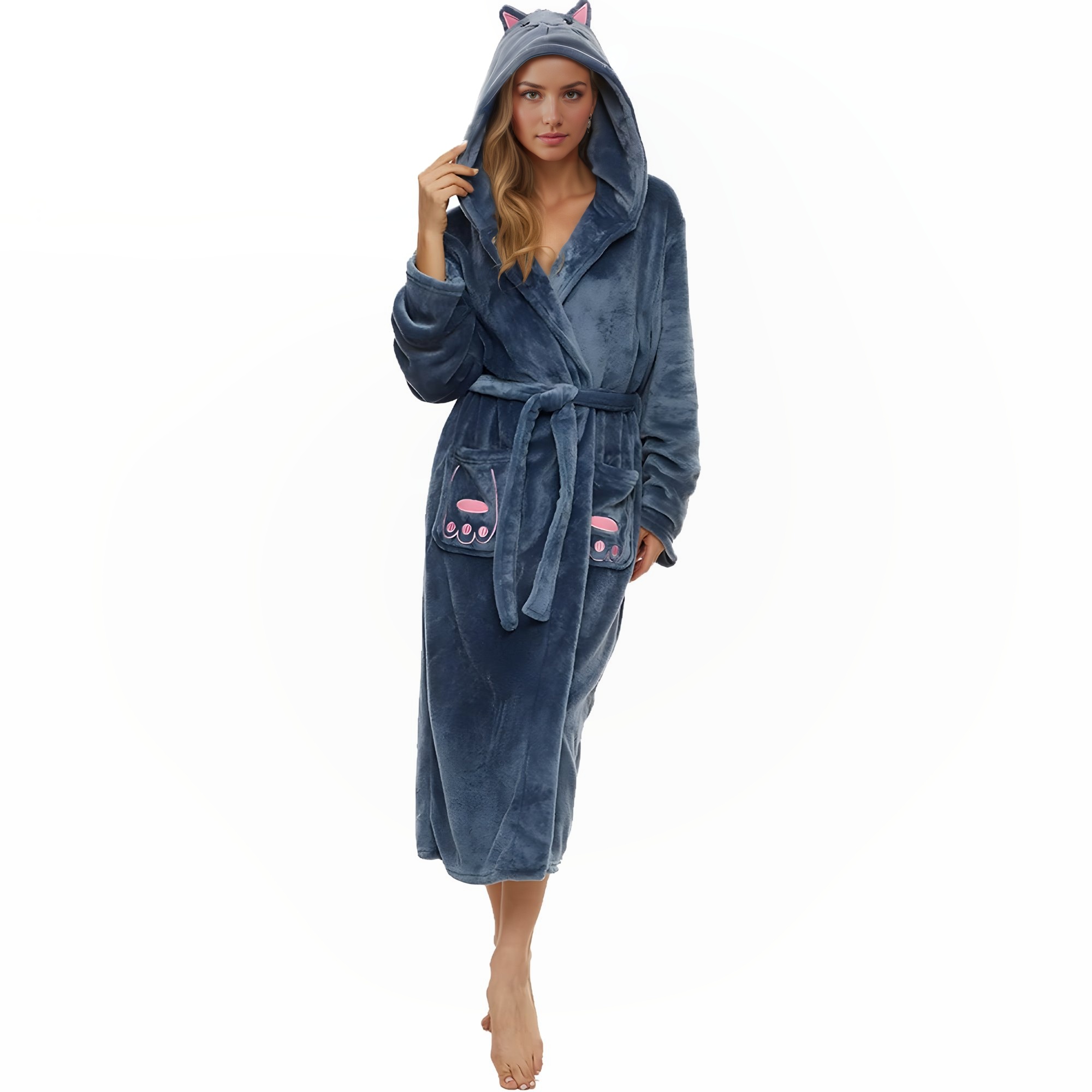 Soft Fleece Hooded Long Bathrobe For Women Home Lounge
