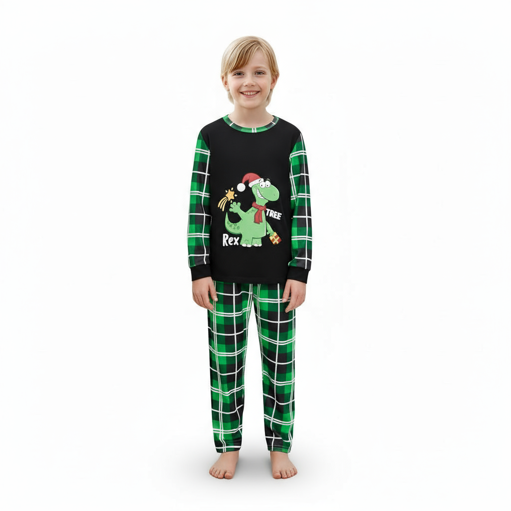 Dinosaur Rex Tree Printed Plaid Family Matching Christmas Pajama Set