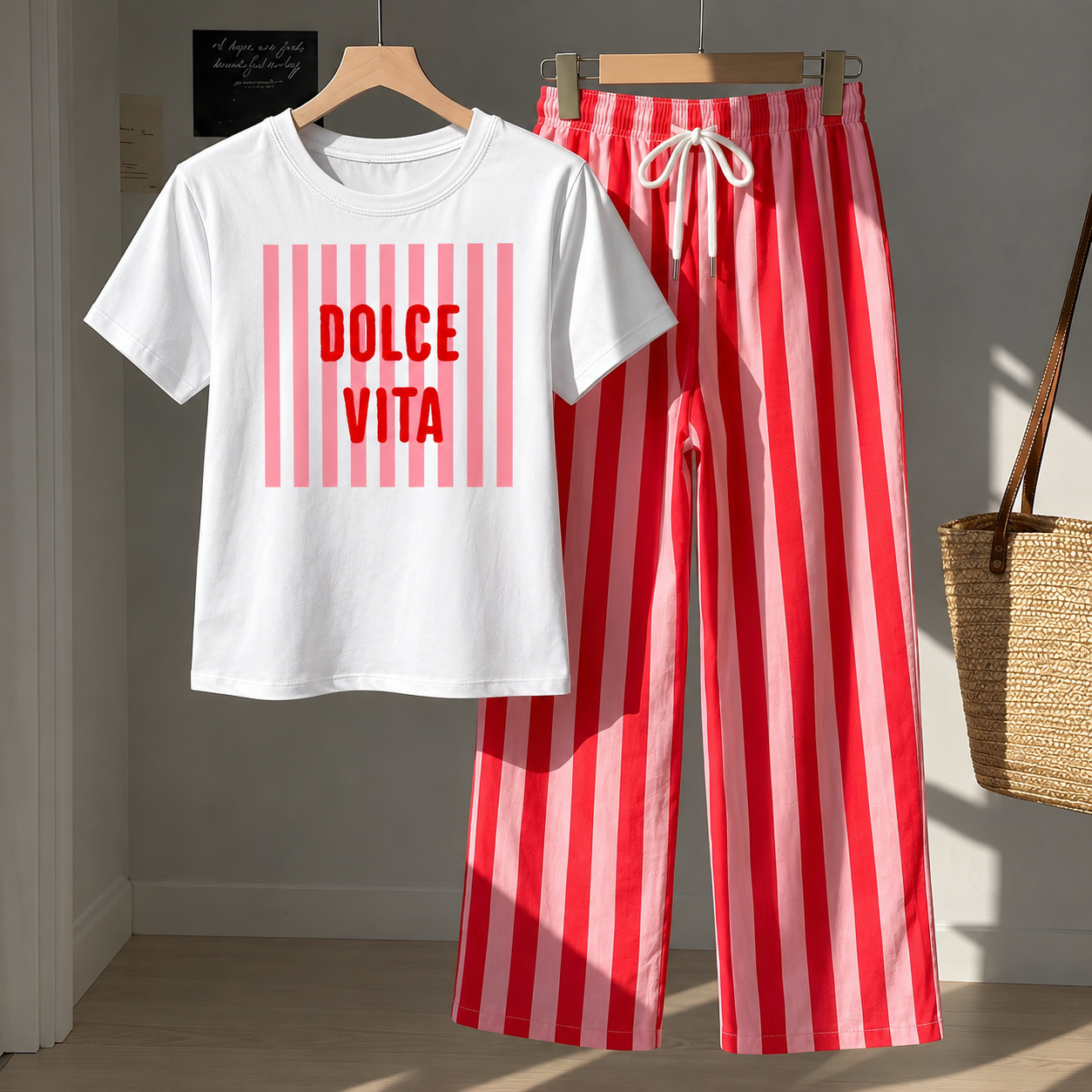 Striped Casual Short Sleeve Top And Pant Set For Women
