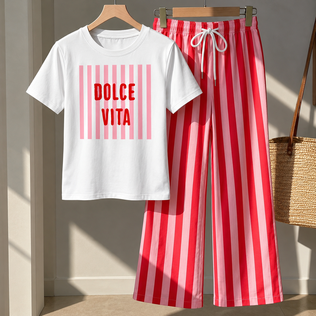 Striped Casual Short Sleeve Top And Pant Set For Women